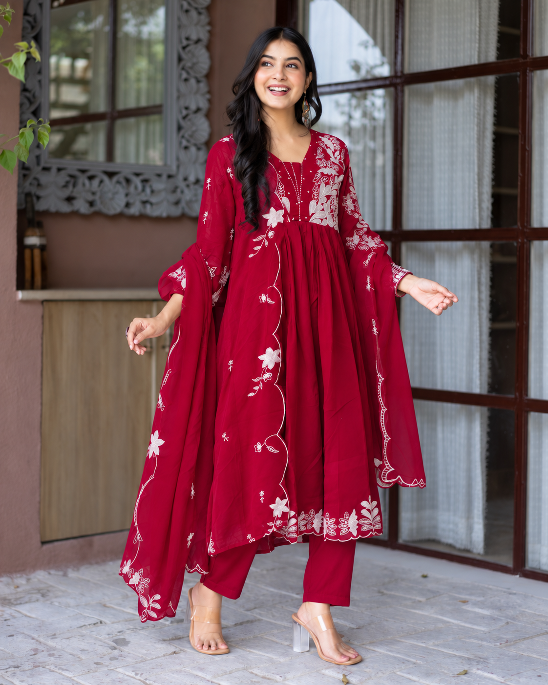 Ruksaar Pink Mul Cotton Embroidered A-line Dupatta Set