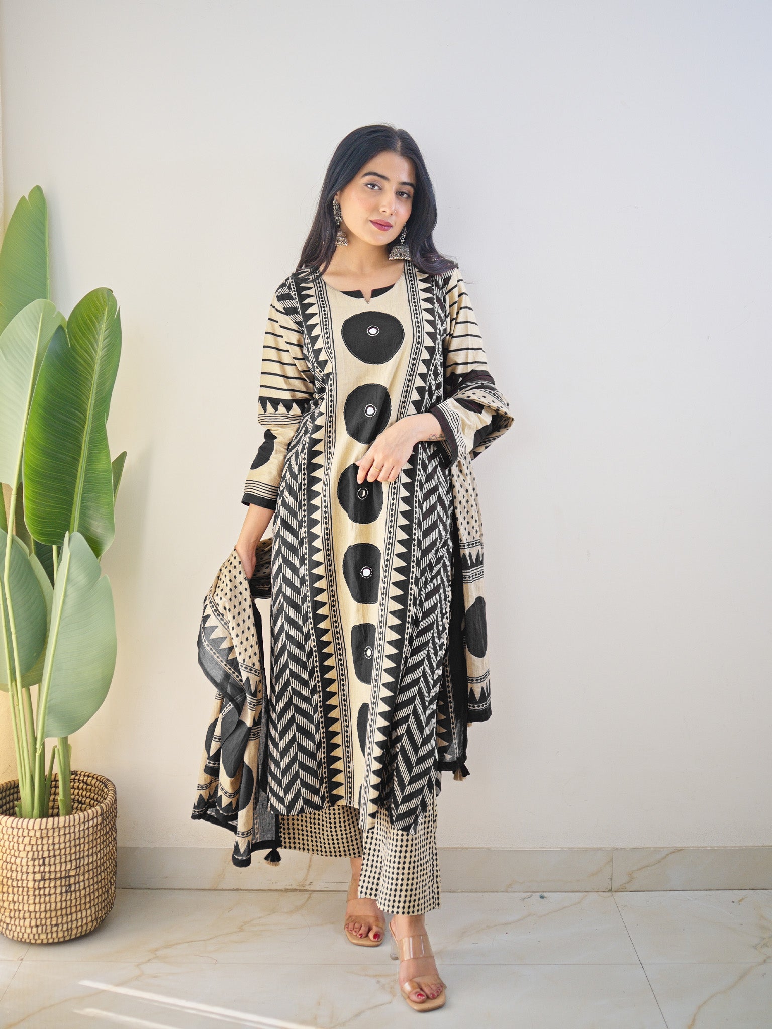 Harshi Black Cotton Ajrakh Katha Detailed Dupatta Set