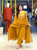 Sufi Mustard Mul Cotton HandEmbroidered A-line Dupatta Set