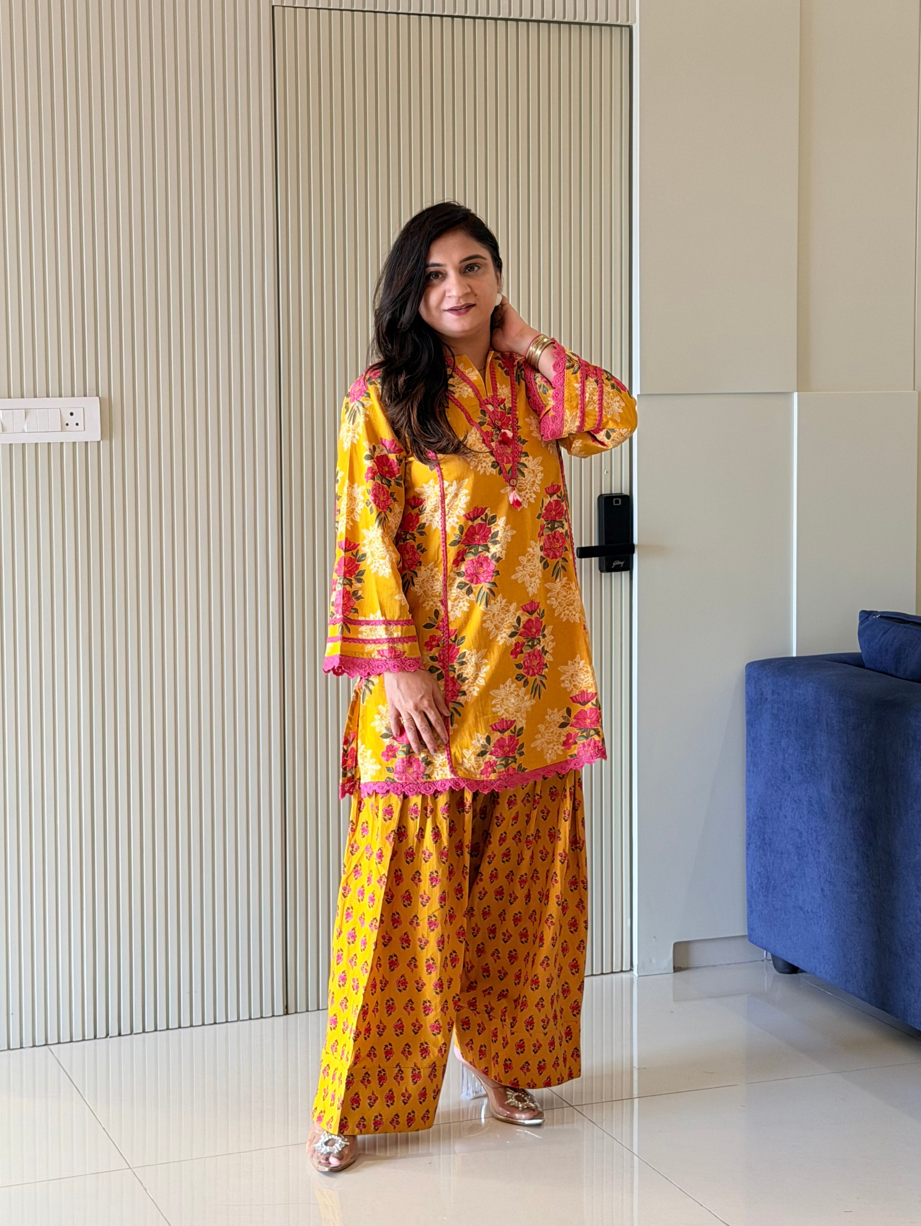 Zubeda Yellow Cotton Floral A-line Farshi Coord Set