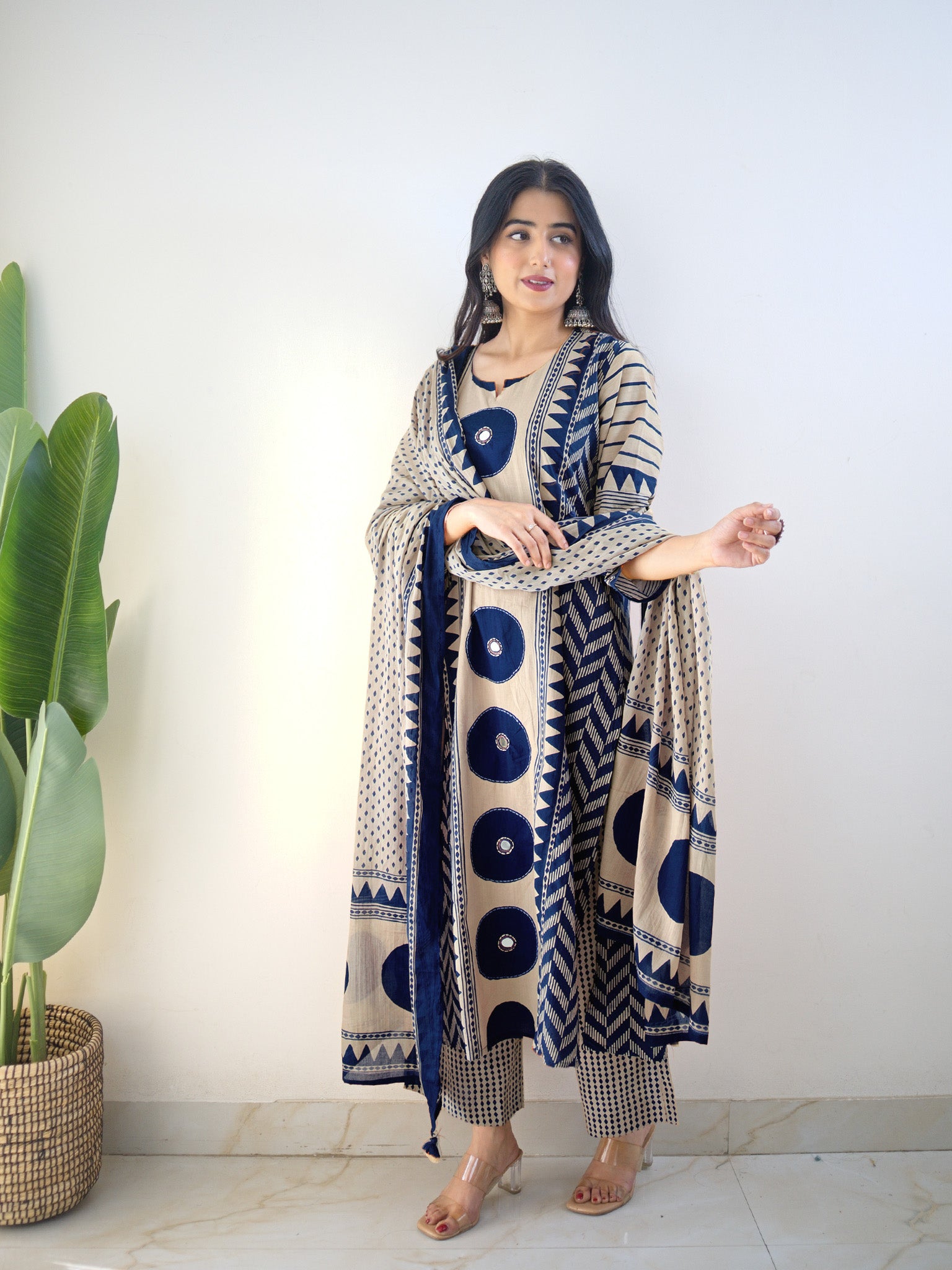 Harshi Blue Cotton Ajrakh Katha Detailed Dupatta Set
