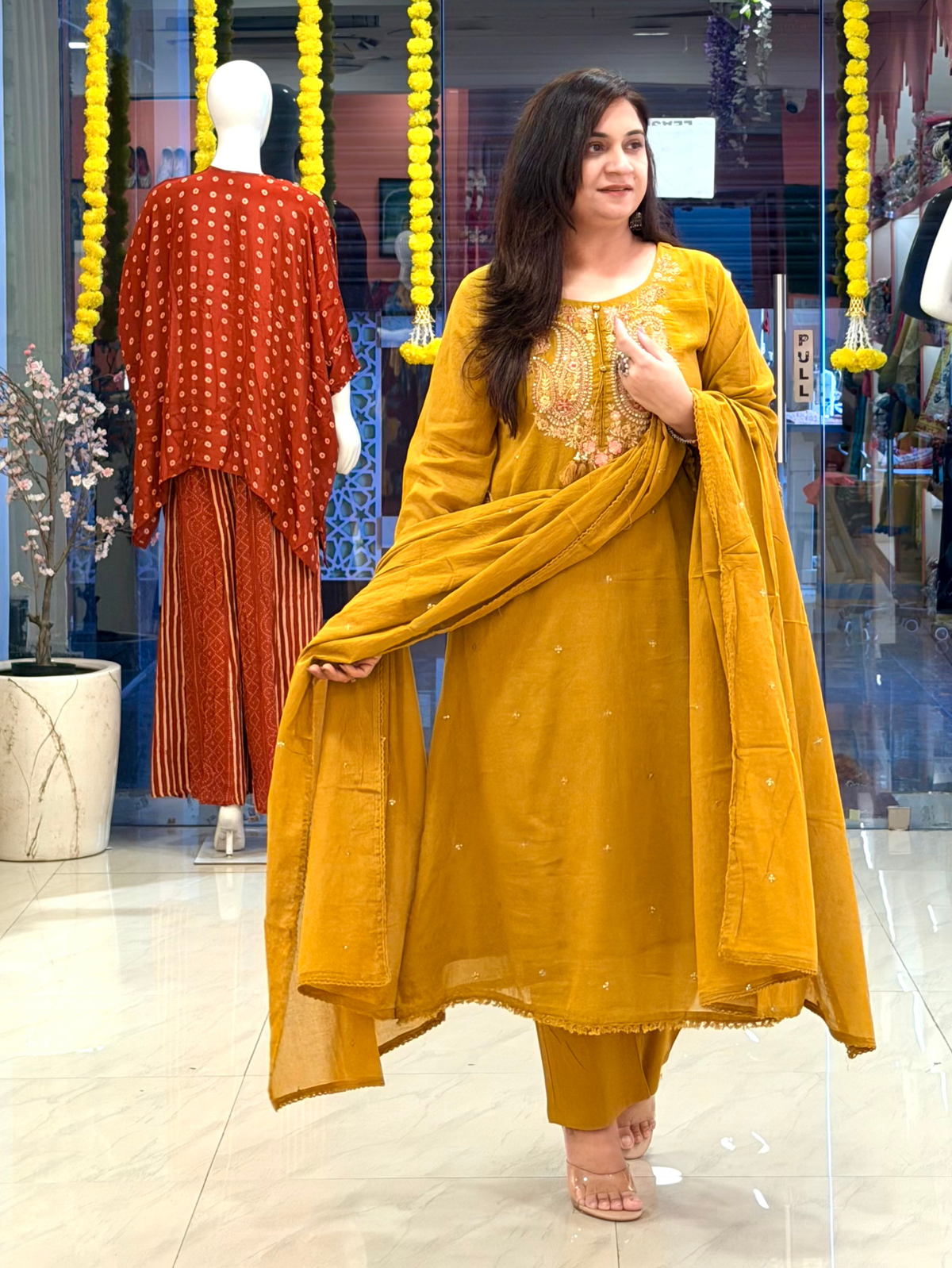 Sufi Mustard Mul Cotton HandEmbroidered A-line Dupatta Set