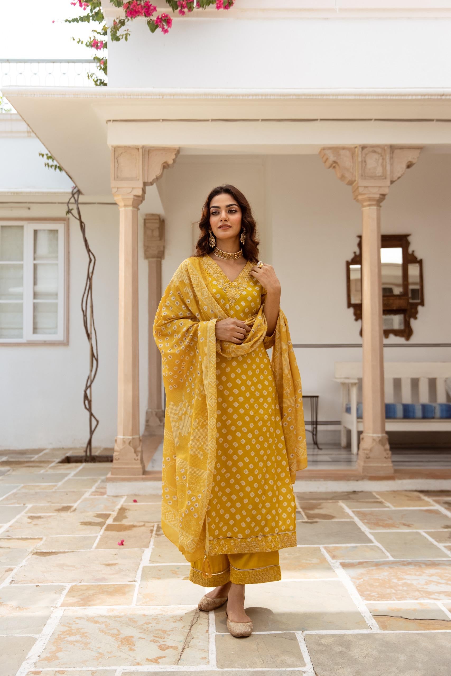 Miraya Muslin Bandhani embroidered Pant Set - The Jaipur Studio