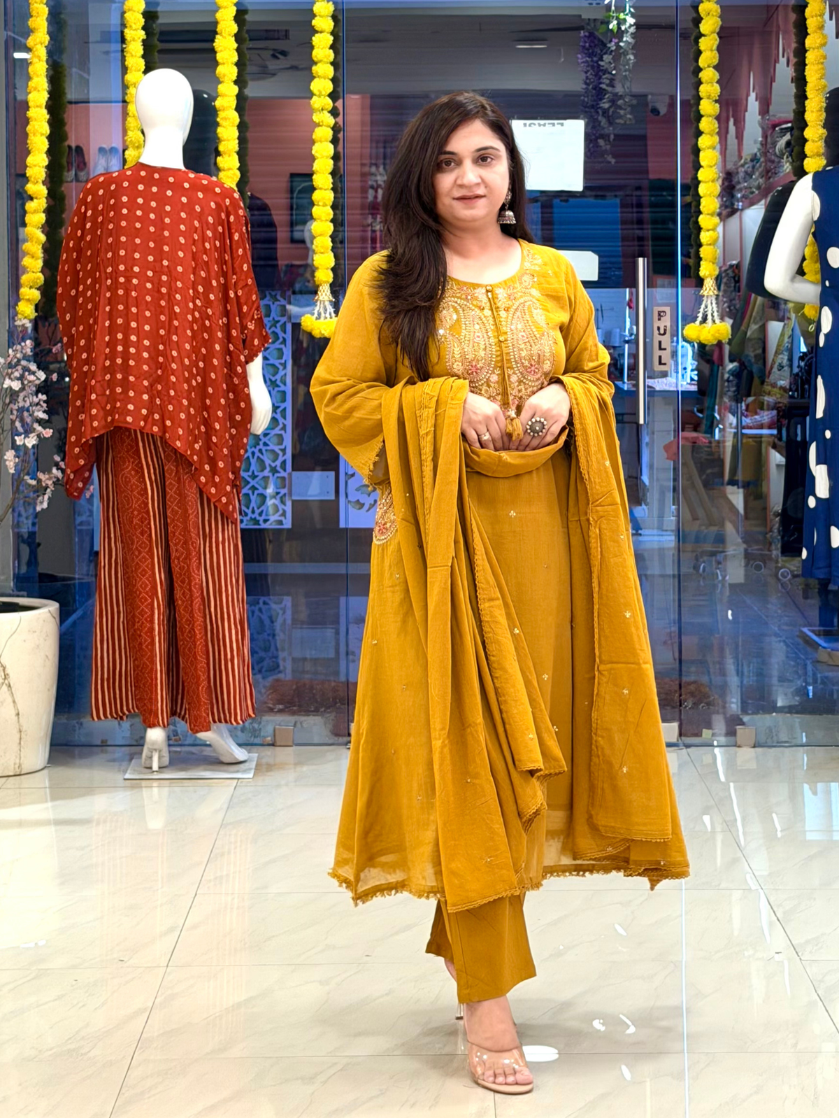 Sufi Mustard Mul Cotton HandEmbroidered A-line Dupatta Set