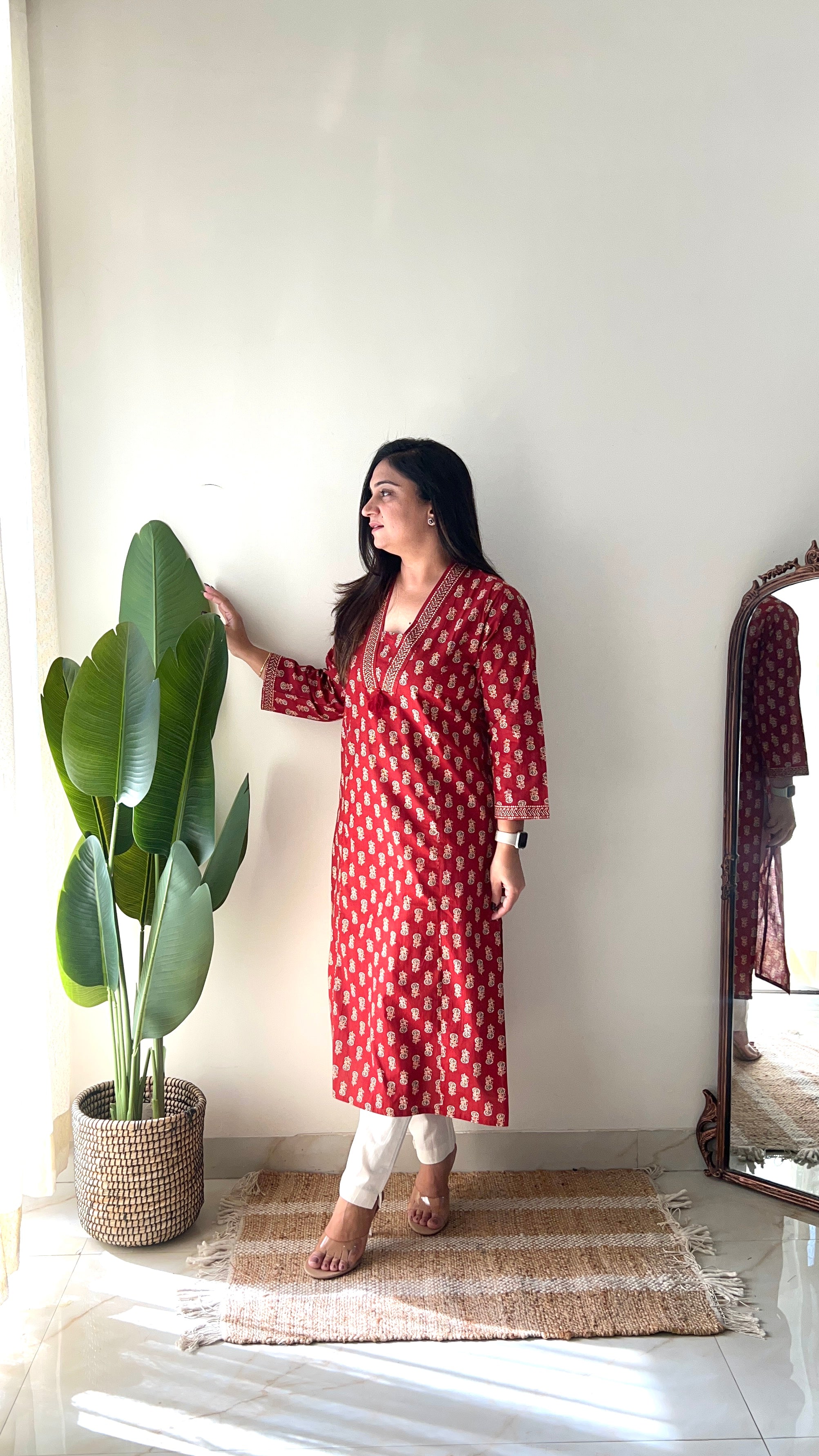 Red Ajrakh Casual Cotton Straight Kurta - The Jaipur Studio