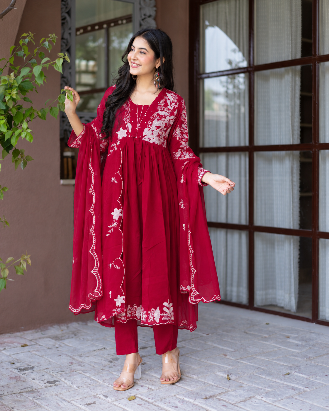 Ruksaar Pink Mul Cotton Embroidered A-line Dupatta Set