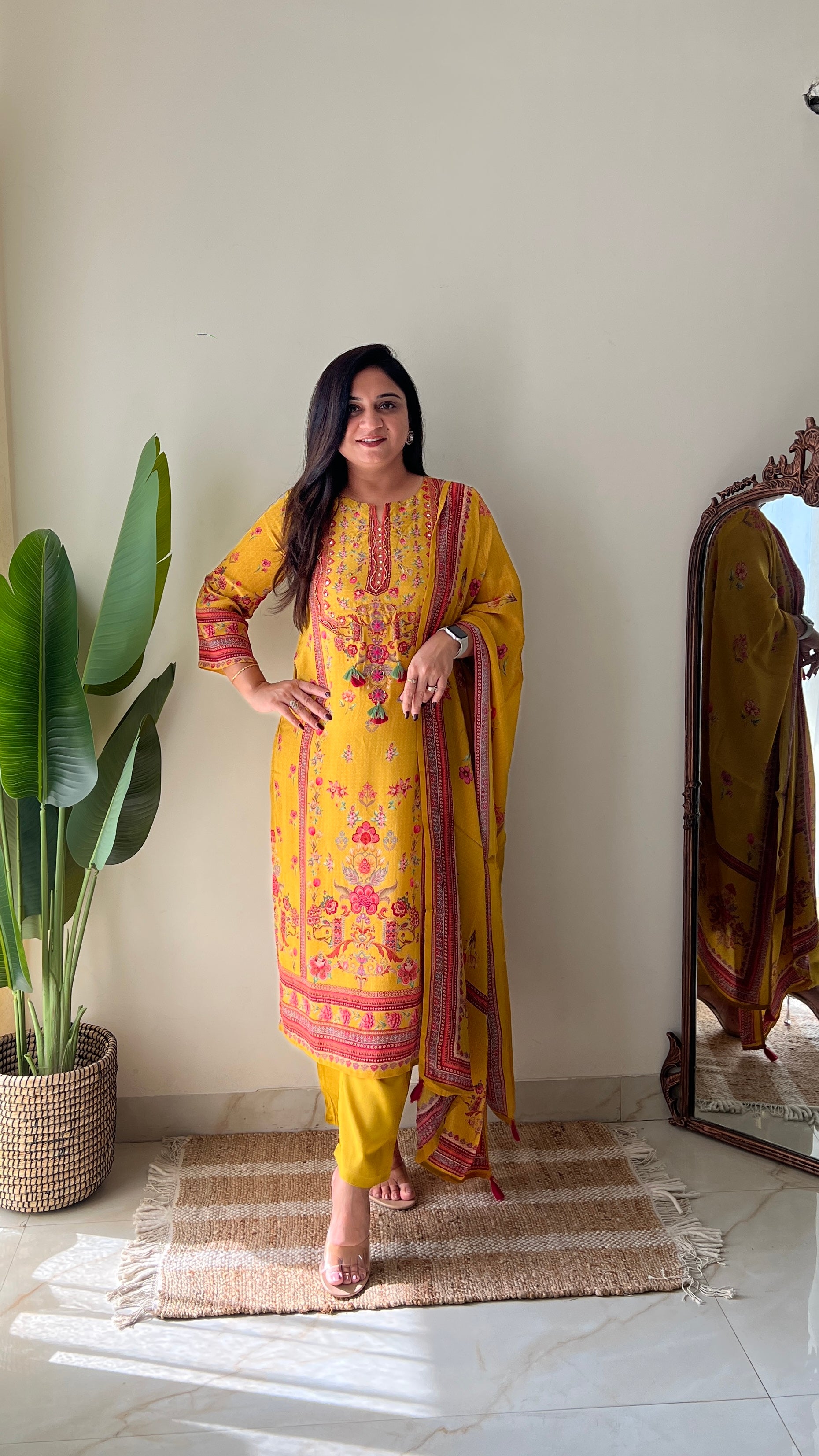 Rahma Crepe HandEmbroidered Straight Pant Set Yellow - The Jaipur Studio