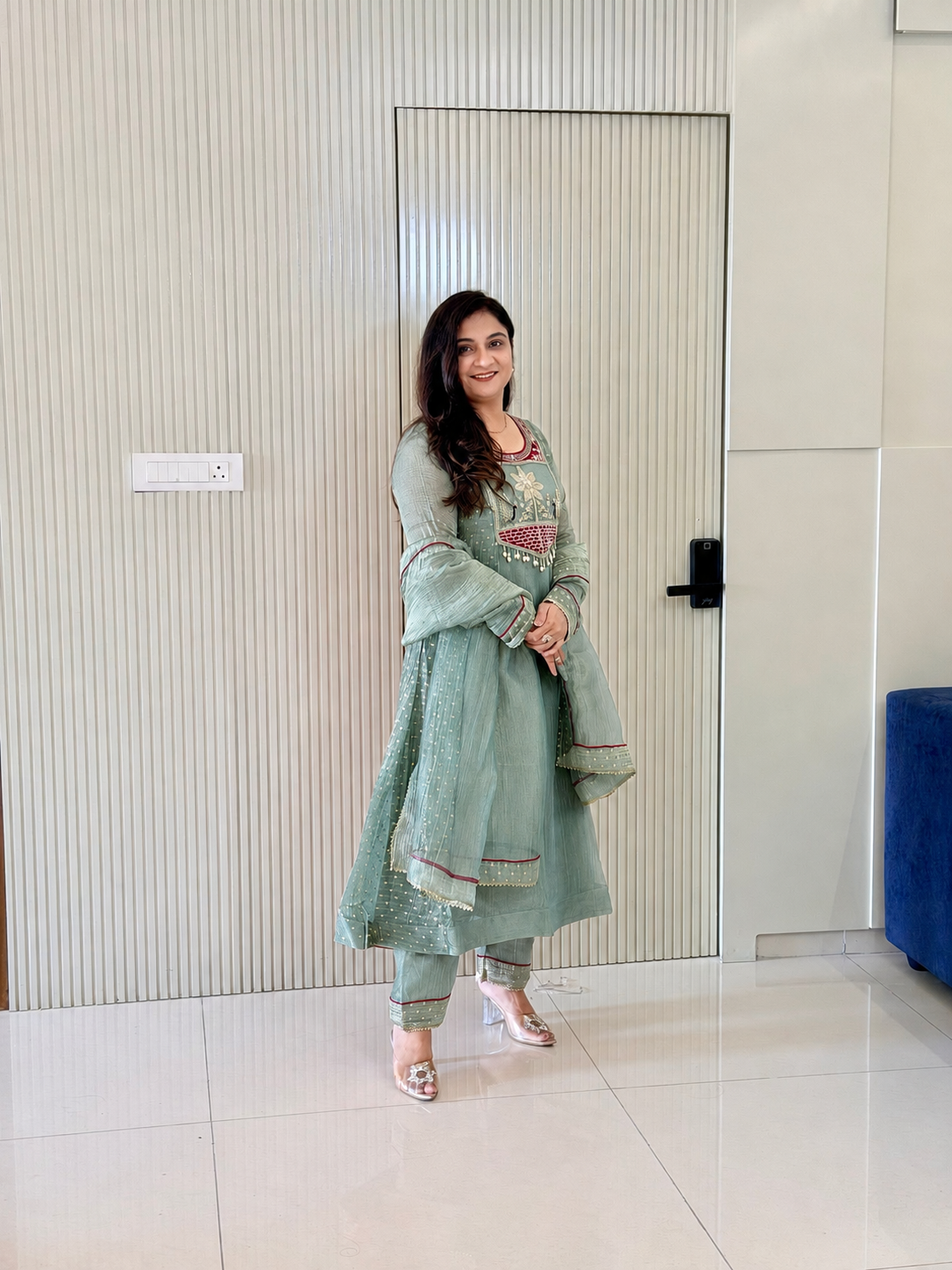 Rehana Green Shimmer Tissue Embroidered Anarkali Dupatta Set