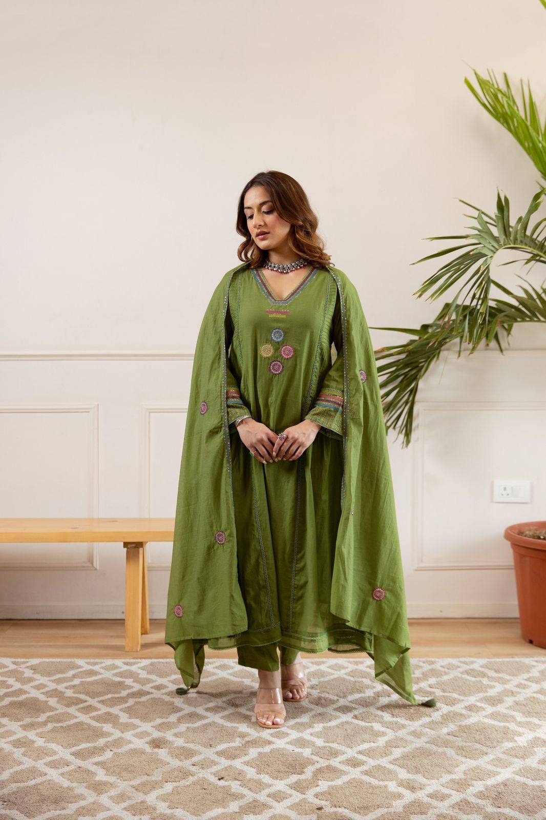 Zola Green Net Chanderi Embroidered Anarkali Set