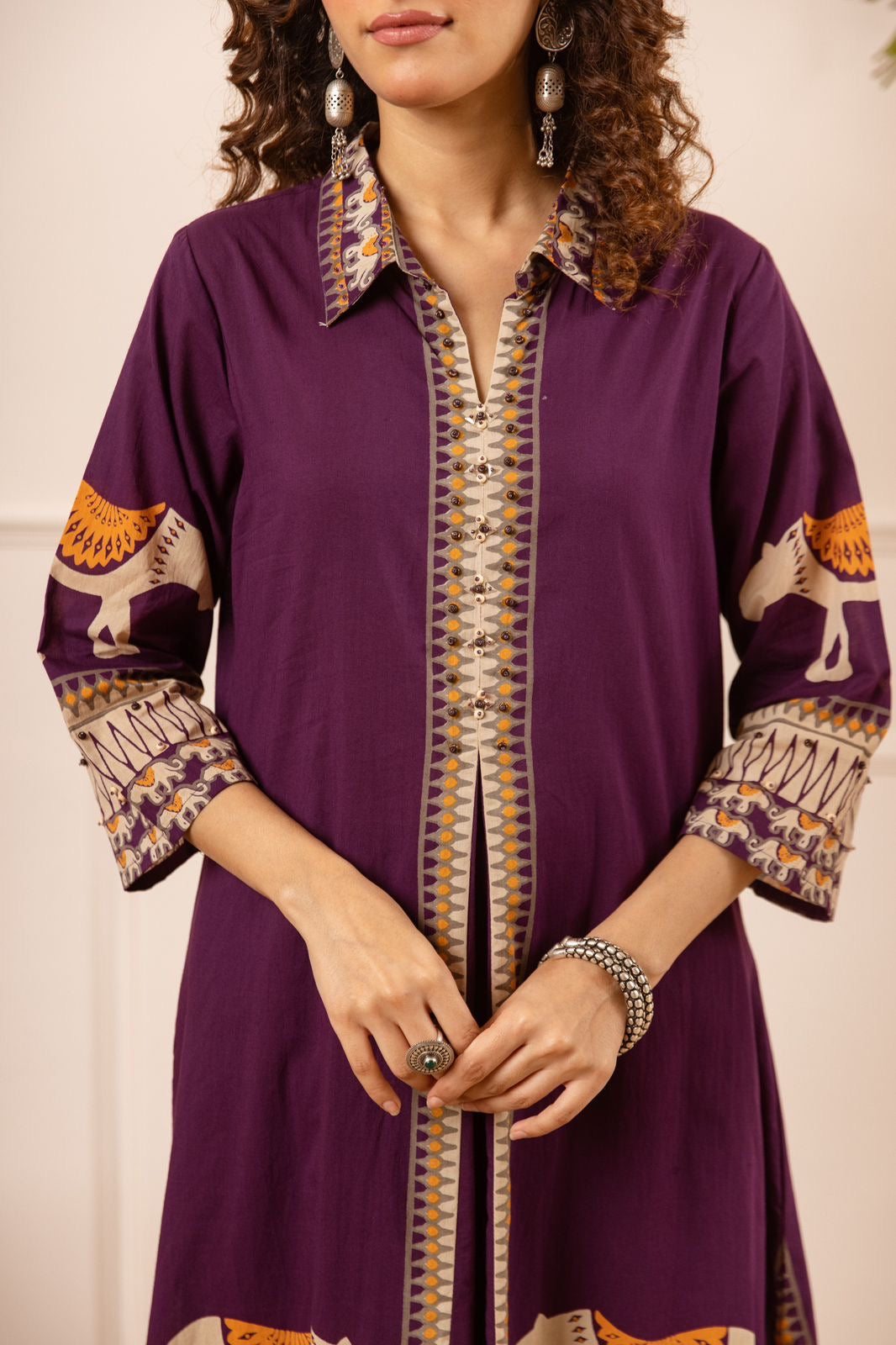 Kiara Purple Tribal Bagh Cotton BeadWork Kurta Set