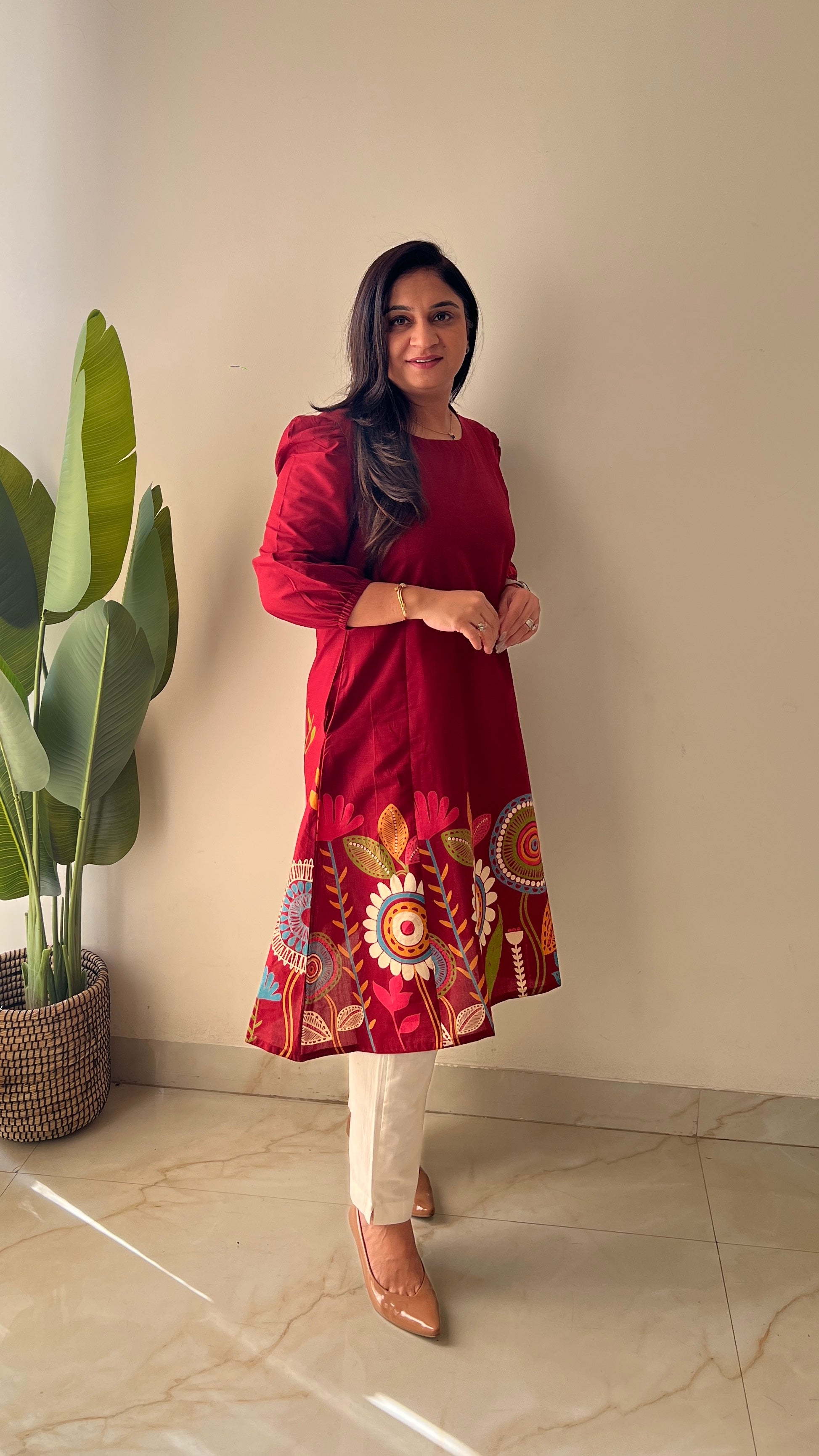 Red Cotton Floral A-line Kurta