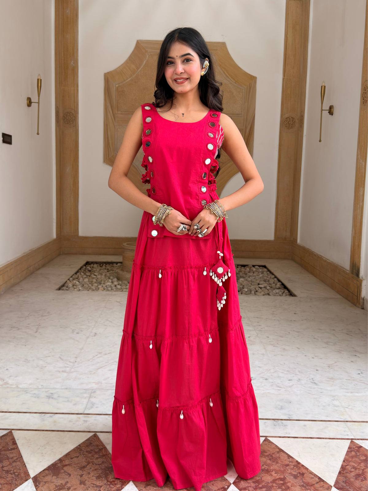 Niyati Pink Cotton Festive Hand Detailed Skirt Set