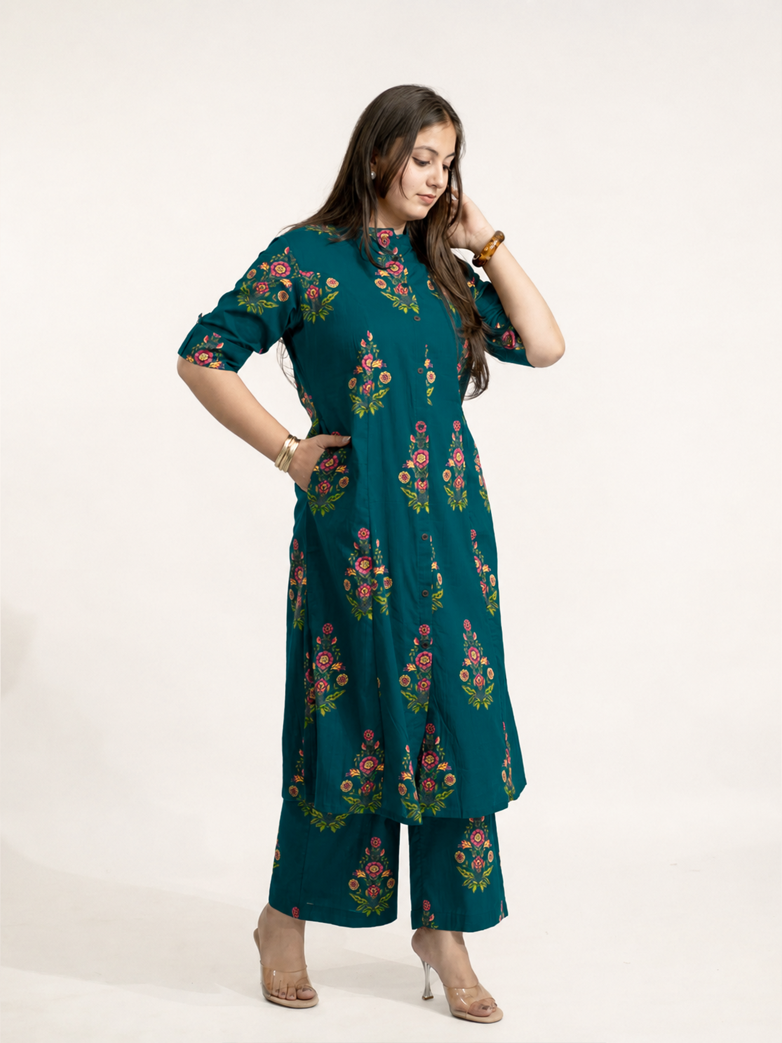 Liora Blue Floral A-line Cotton Kurta Set