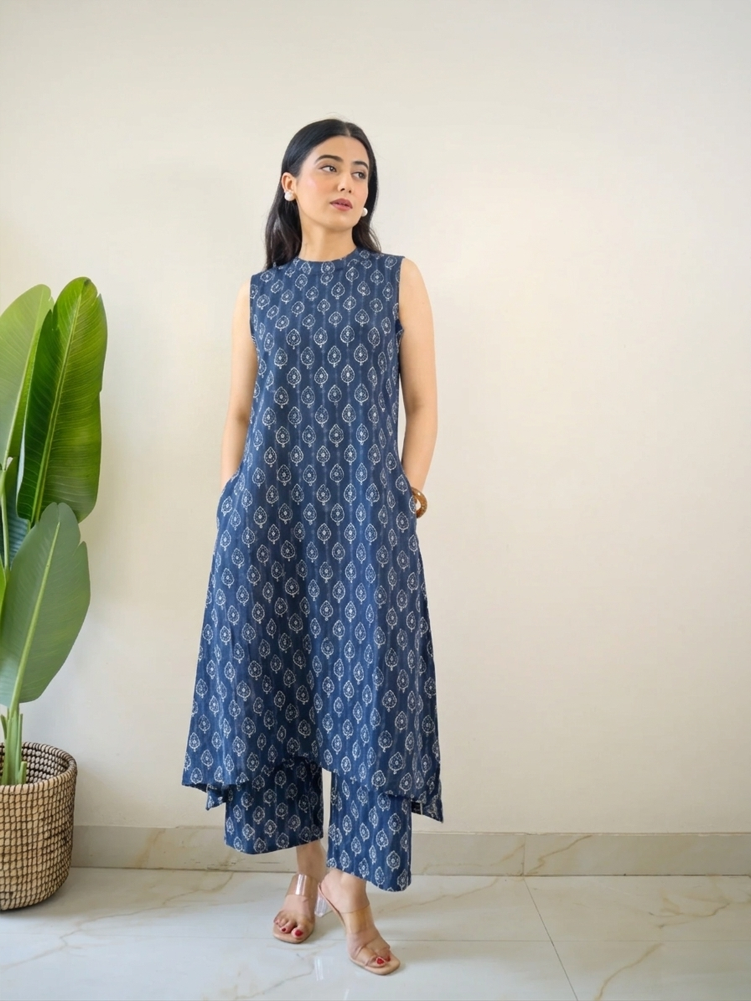 Kusha Blue Indigo Rayon A-line Coord Set
