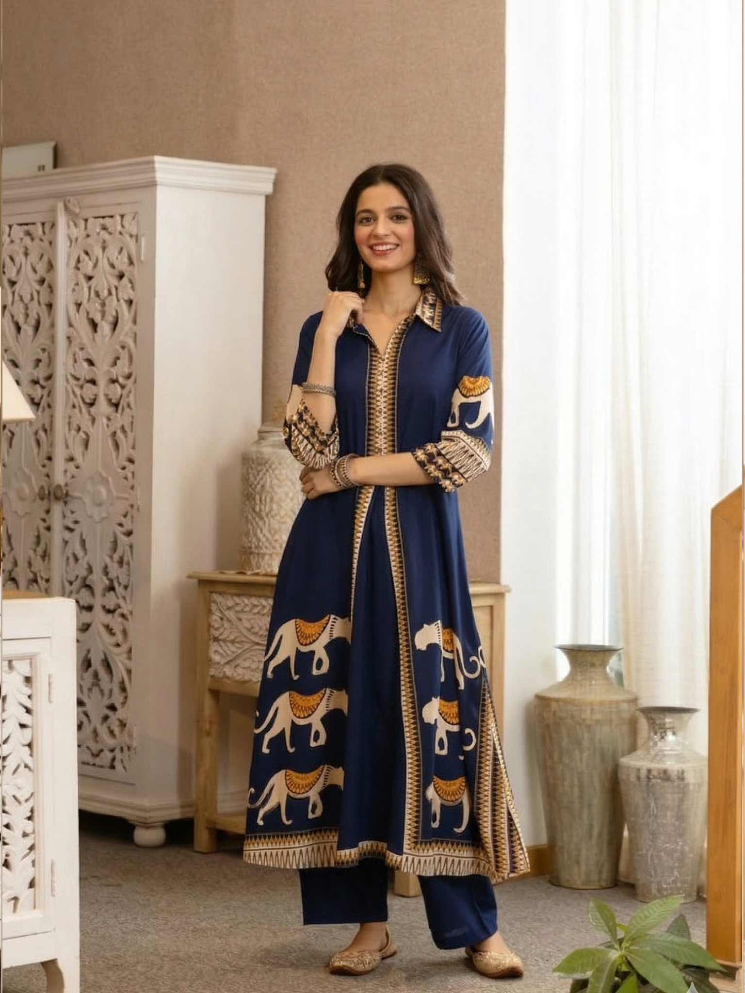 Kiara Blue Tribal Bagh Cotton BeadWork Kurta Set