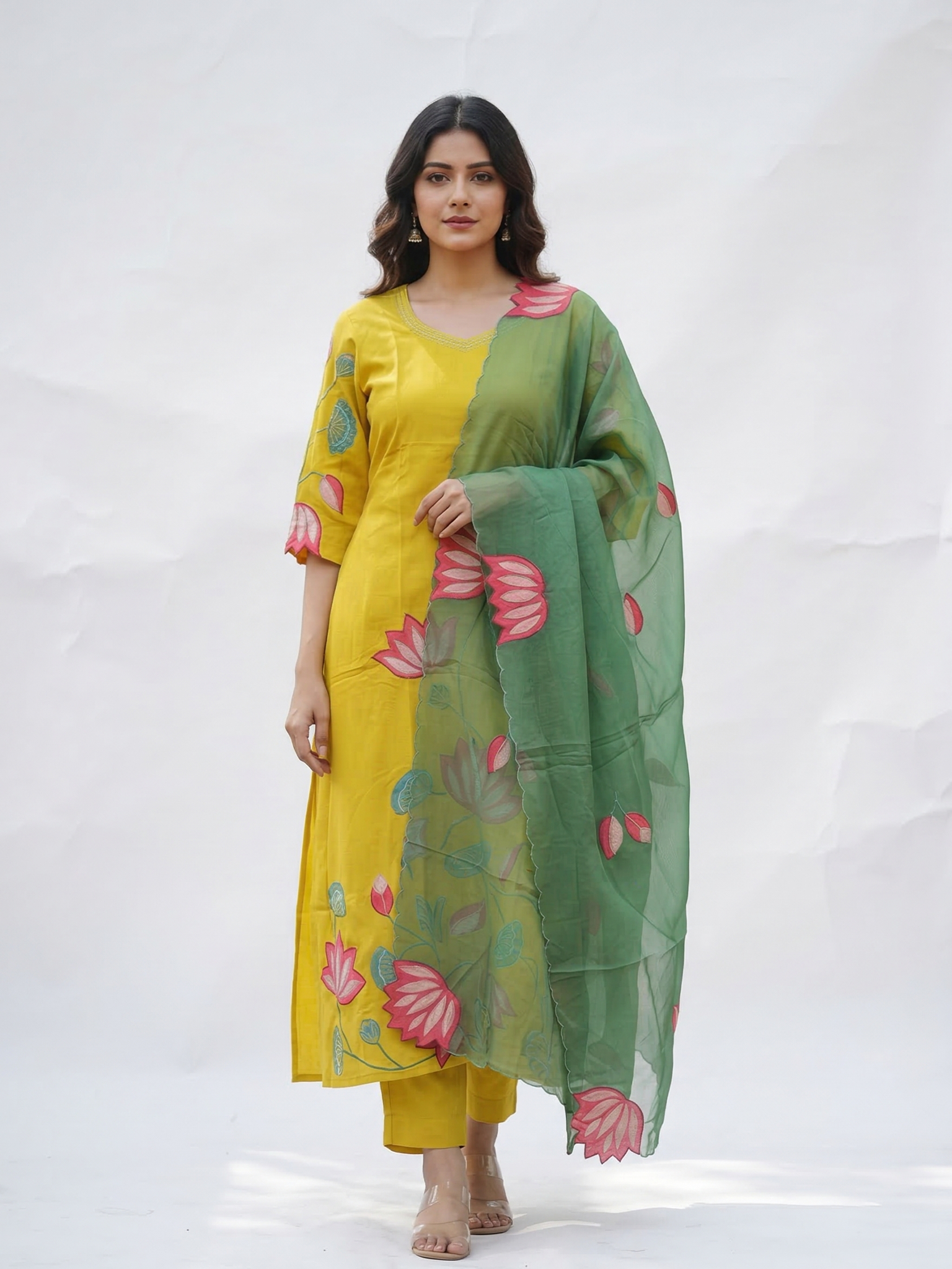 Kiara Yellow Russian Silk A-line Applique Deatiled Dupatta Set