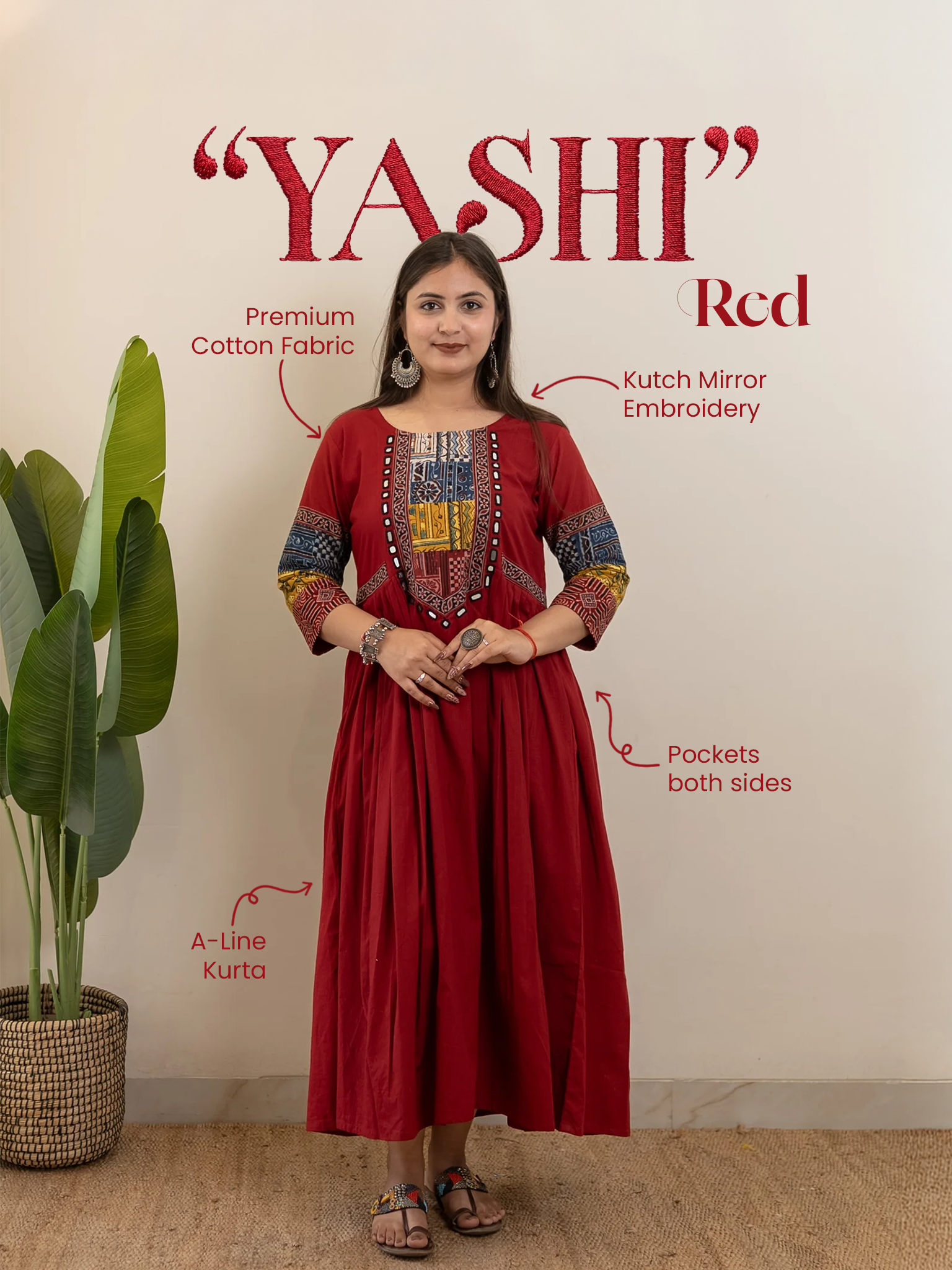 Yashi Red Cotton Ajrakh Embroidered A-line Kurta
