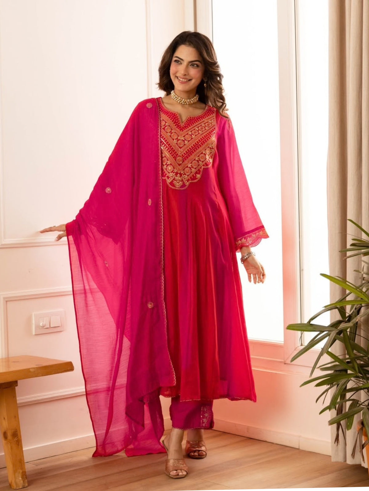 Zola Pink Mul Chanderi Embroidered A-line Dupatta Set