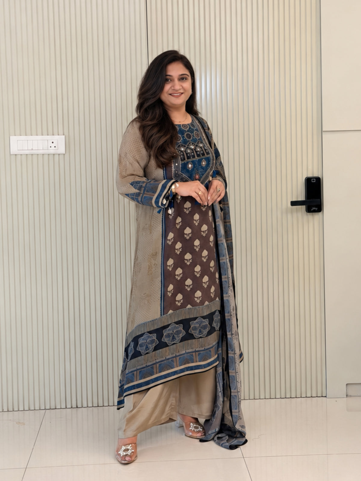 Rusha Beige Natural Crape Asymmetric HandEmbroidered Dupatta Set