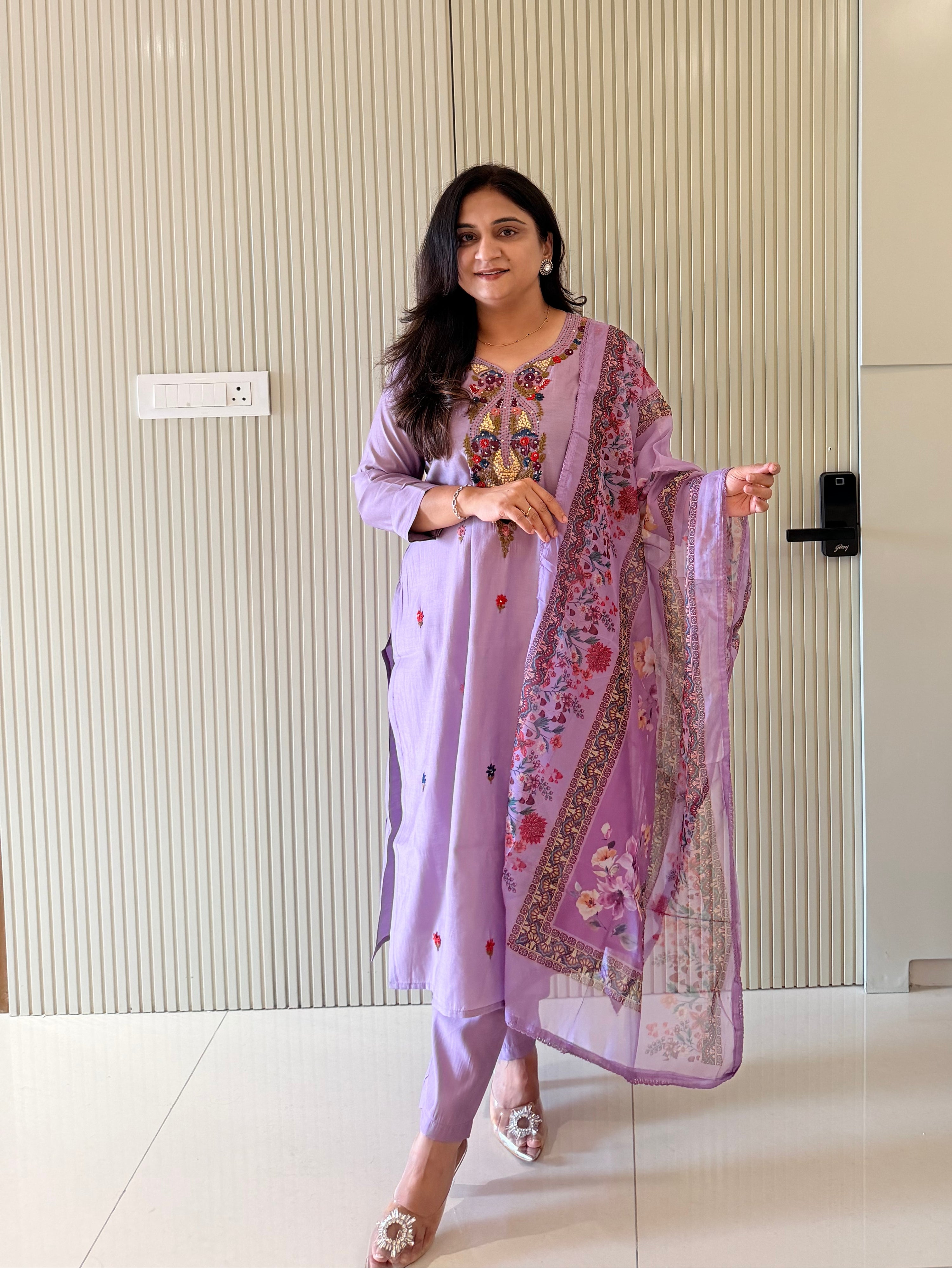 Rubina Lilac Modal Silk HandEmbroidered Dupatta Set