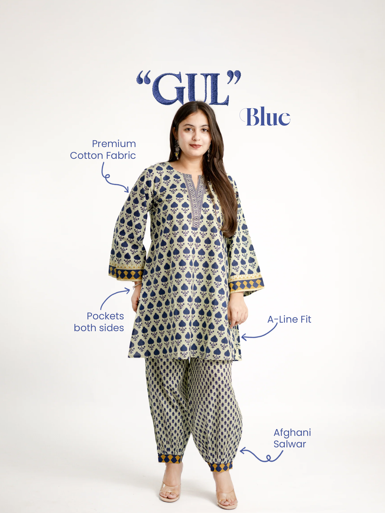 Gul Blue Cotton Handblock A-line Coord Set