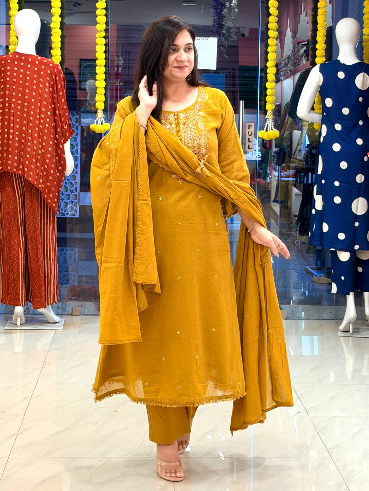 Sufi Mustard Mul Cotton HandEmbroidered A-line Dupatta Set