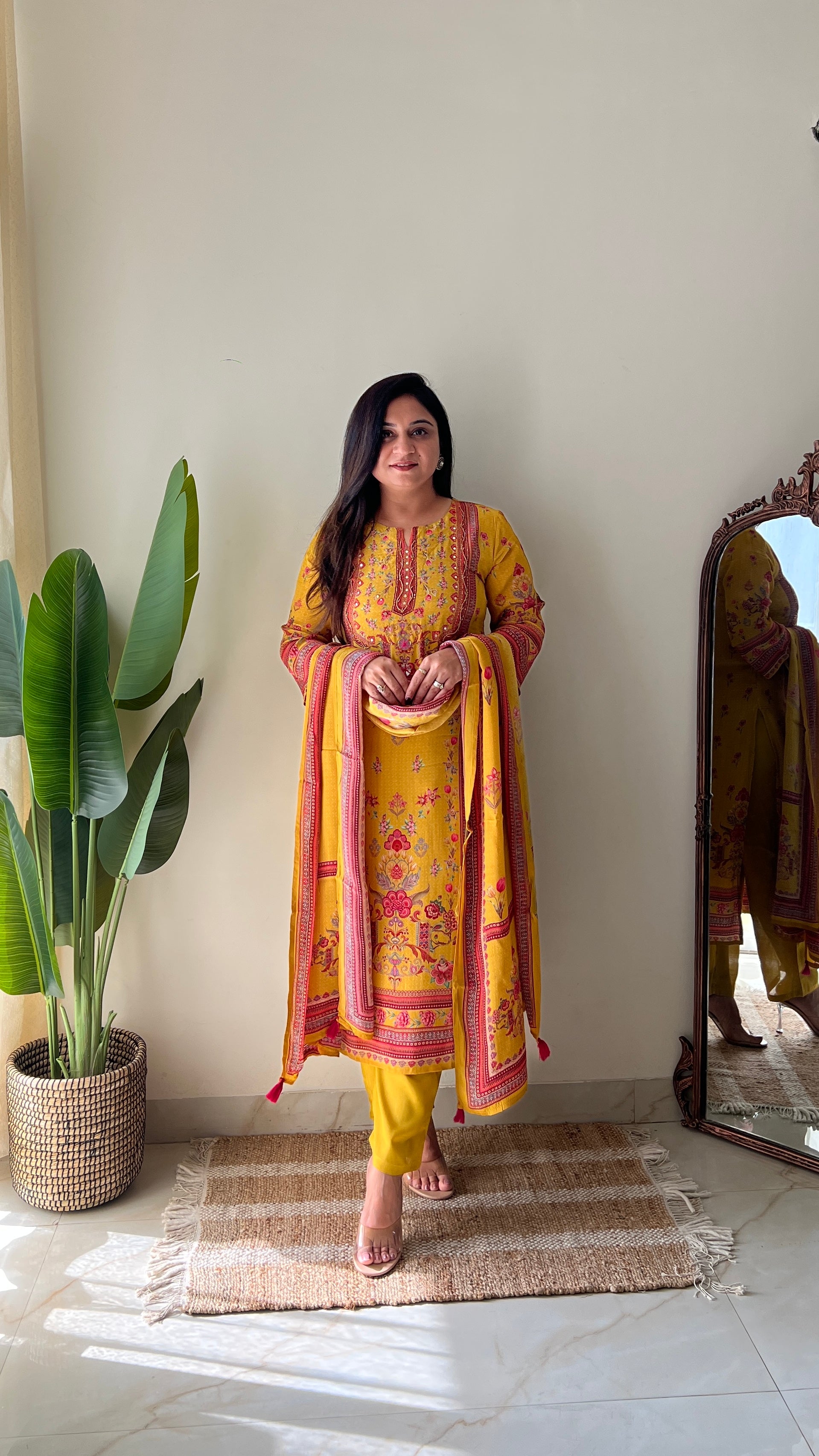 Rahma Crepe HandEmbroidered Straight Pant Set Yellow - The Jaipur Studio