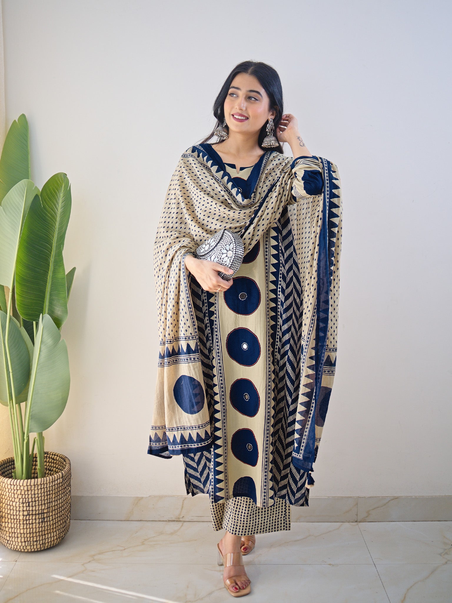 Harshi Blue Cotton Ajrakh Katha Detailed Dupatta Set