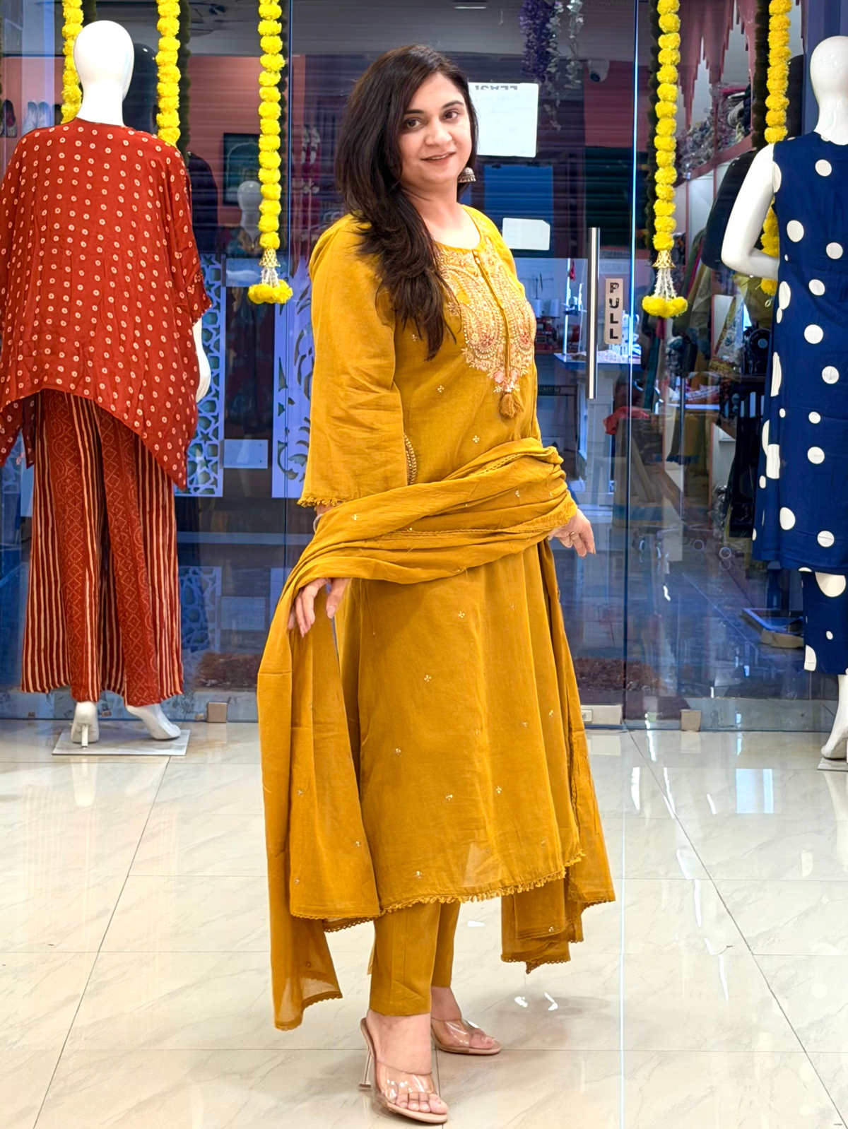 Sufi Mustard Mul Cotton HandEmbroidered A-line Dupatta Set