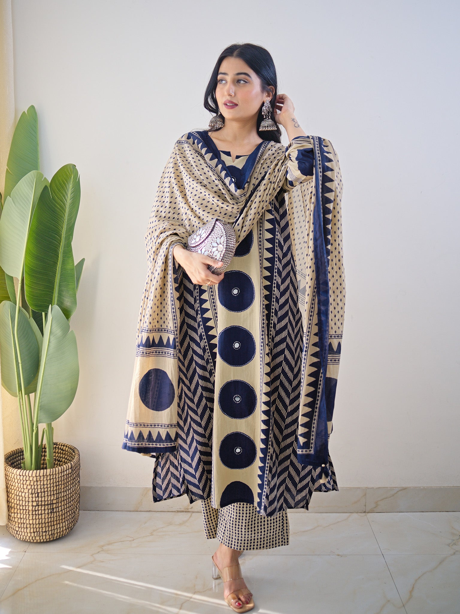 Harshi Blue Cotton Ajrakh Katha Detailed Dupatta Set