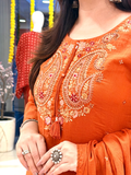 Sufi Rust Mul Cotton HandEmbroidered A-line Dupatta Set