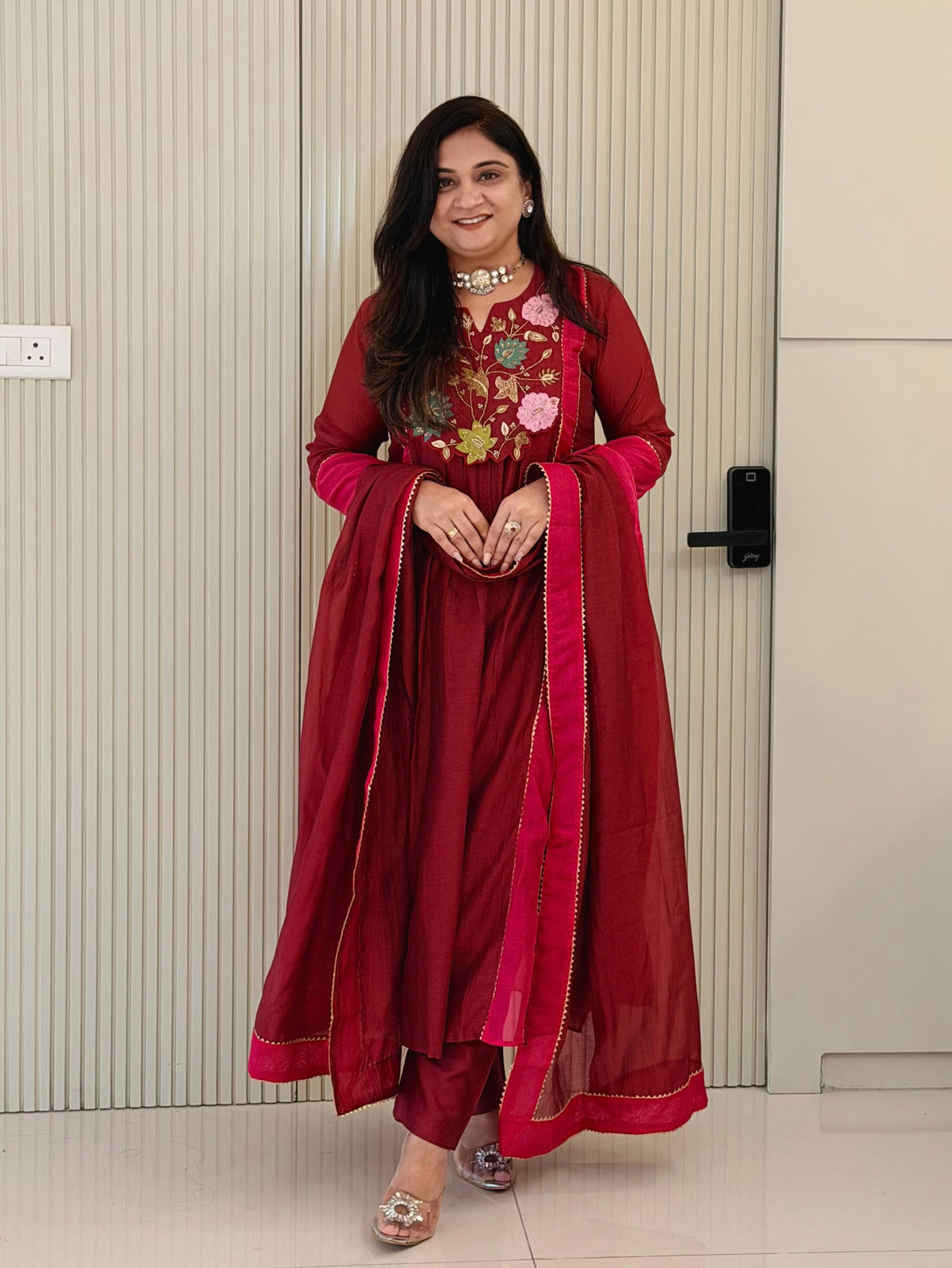 Sejal Mergenta Pink Mul Chanderi HandEmbroidered A-line Dupatta Set