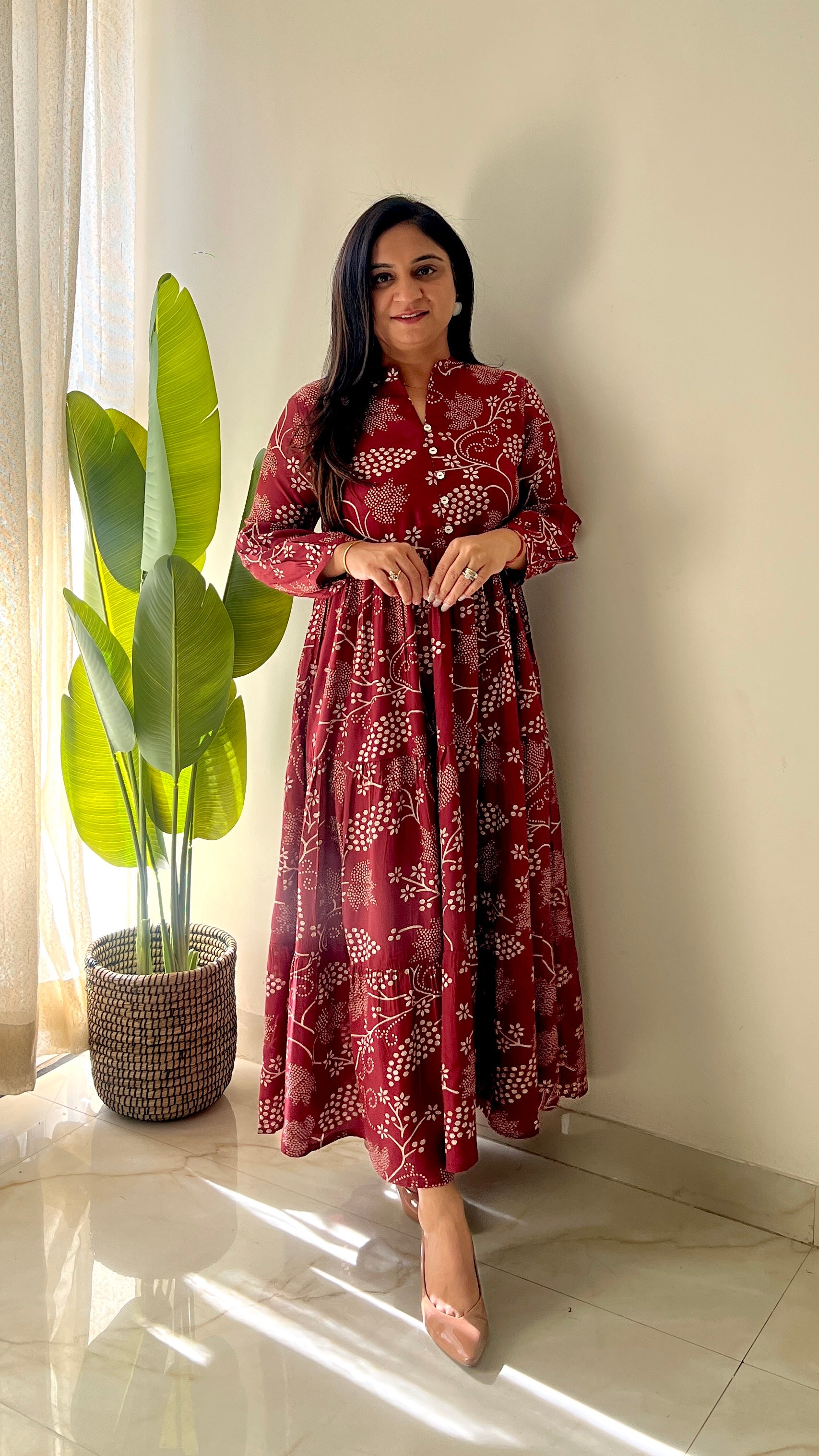 Sarfa Maroon Crystal Muslin Casual Long Dress
