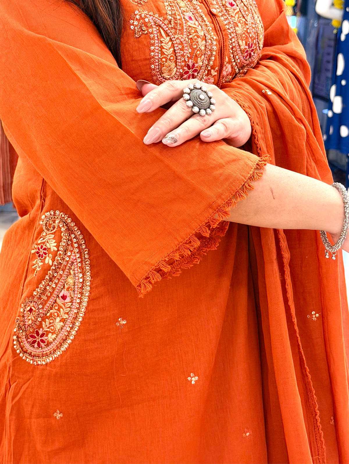 Sufi Rust Mul Cotton HandEmbroidered A-line Dupatta Set