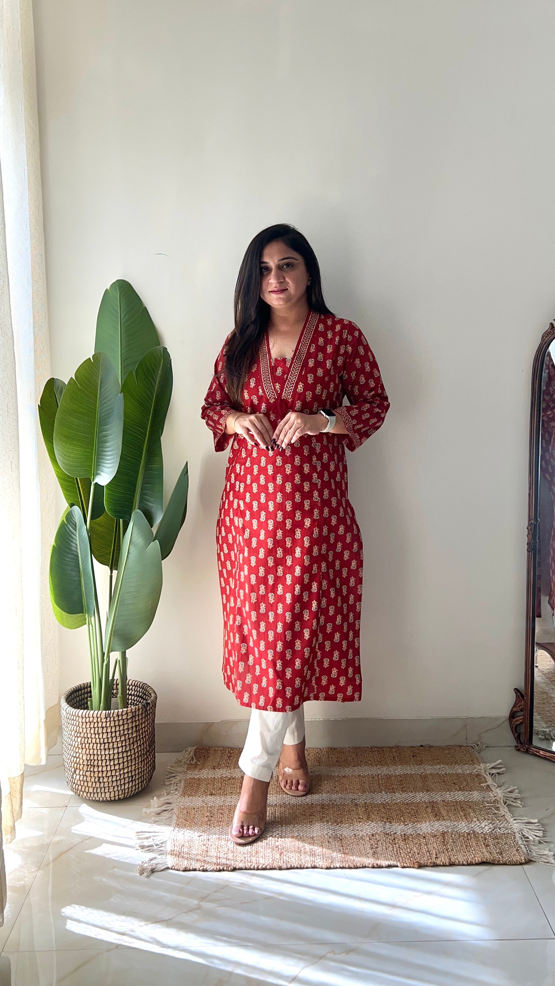 Red Ajrakh Casual Cotton Straight Kurta