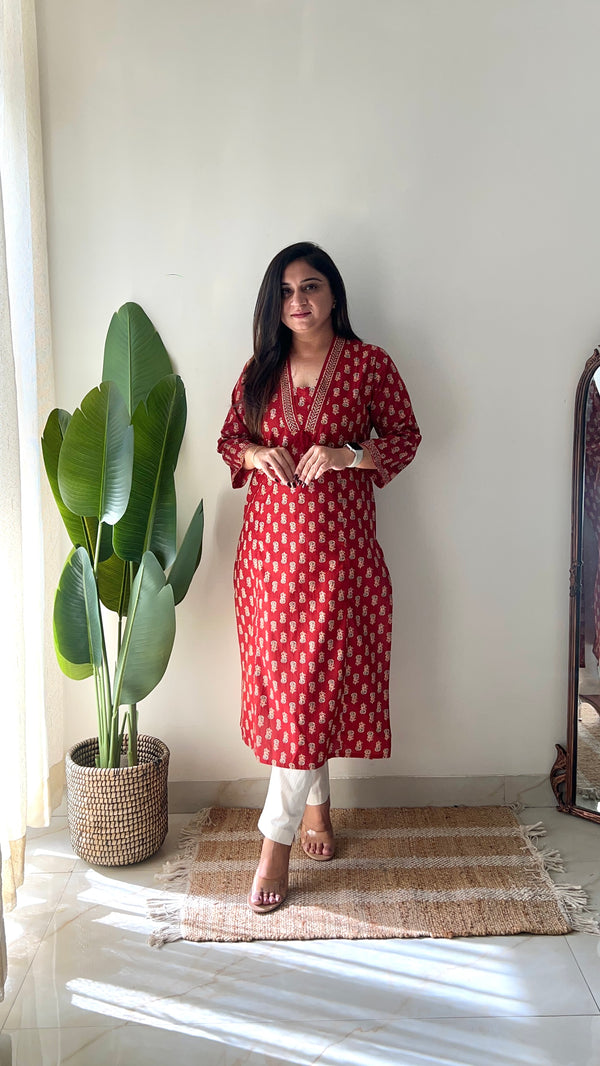 Red Ajrakh Casual Cotton Straight Kurta