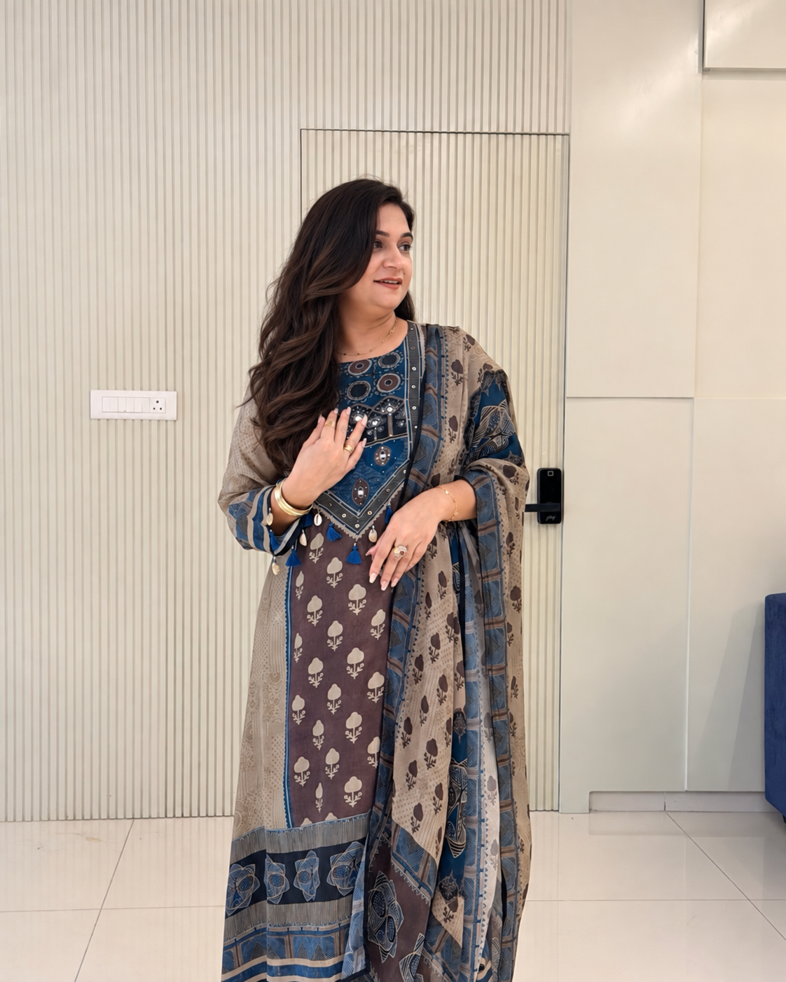 Rusha Beige Natural Crape Asymmetric HandEmbroidered Dupatta Set