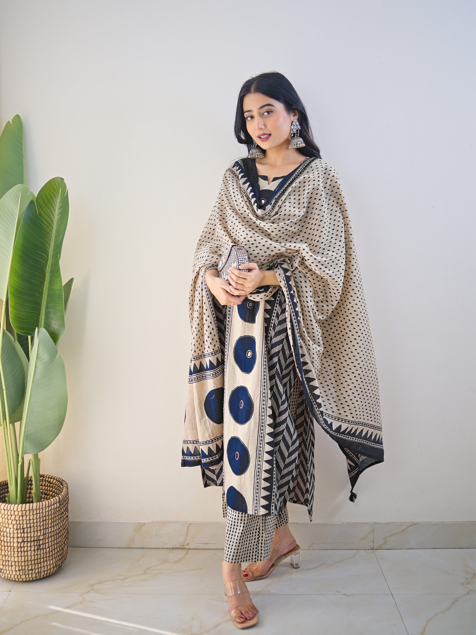 Harshi Blue Cotton Ajrakh Katha Detailed Dupatta Set