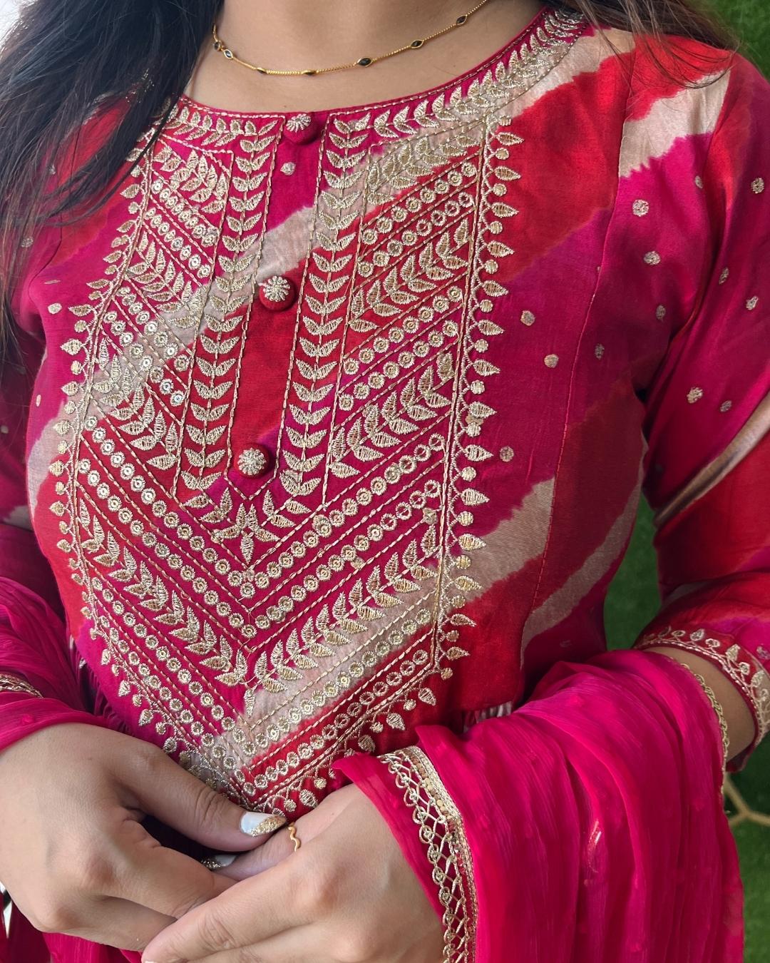 Muslin Embroidered Leheriya Nyra Style Pant Set - The Jaipur Studio