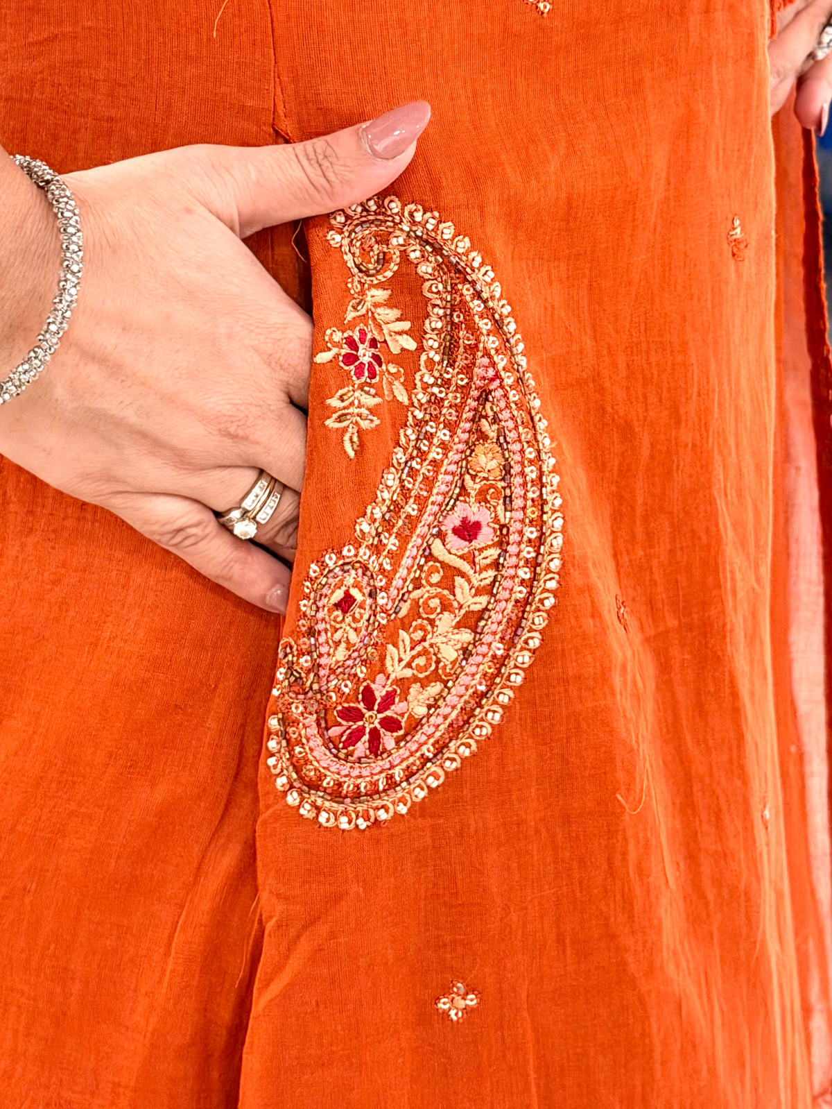 Sufi Rust Mul Cotton HandEmbroidered A-line Dupatta Set