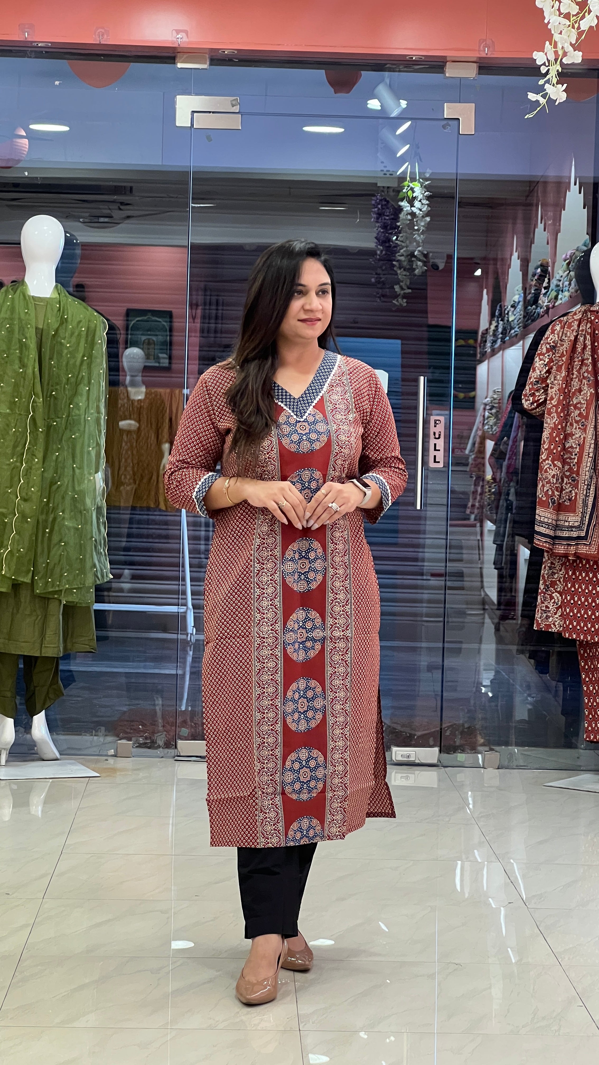 Red Ajrakh Cotton Casual Straight Kurta