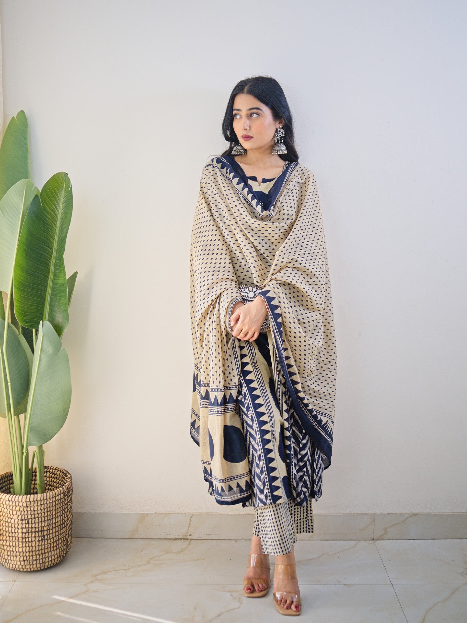 Harshi Blue Cotton Ajrakh Katha Detailed Dupatta Set