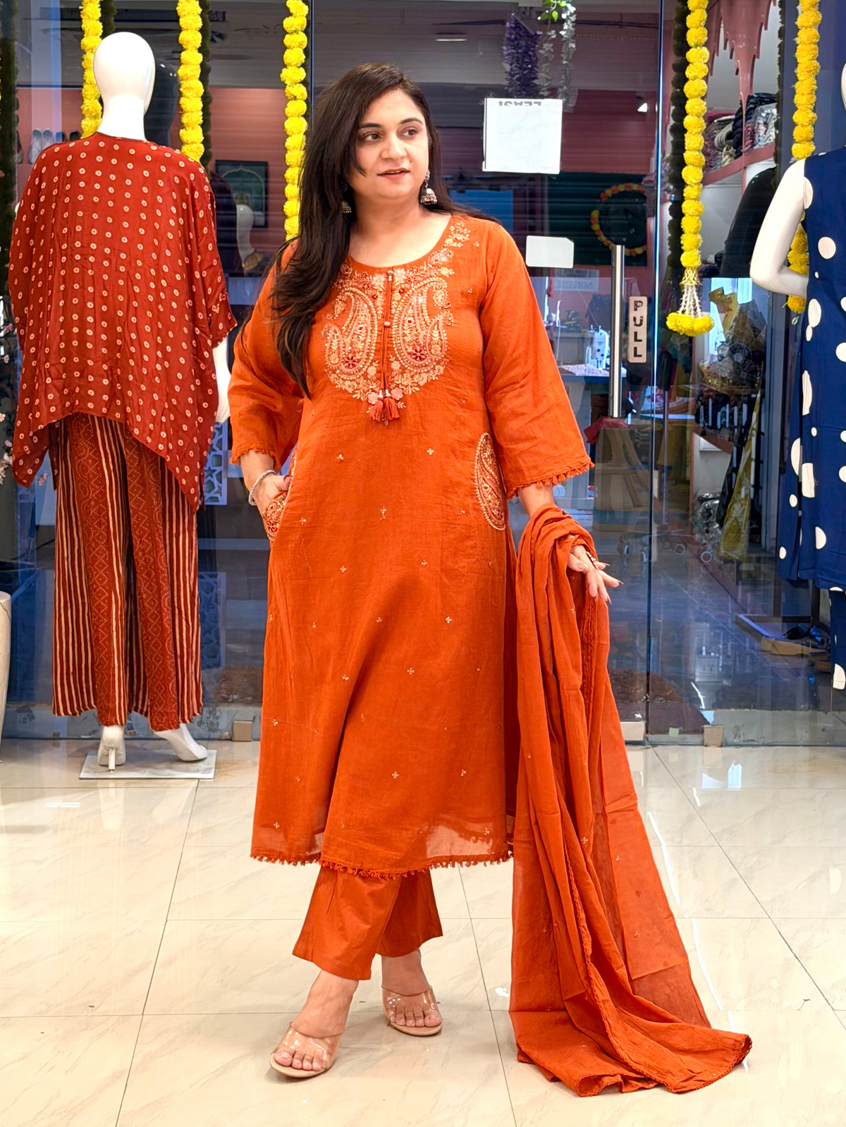 Sufi Rust Mul Cotton HandEmbroidered A-line Dupatta Set