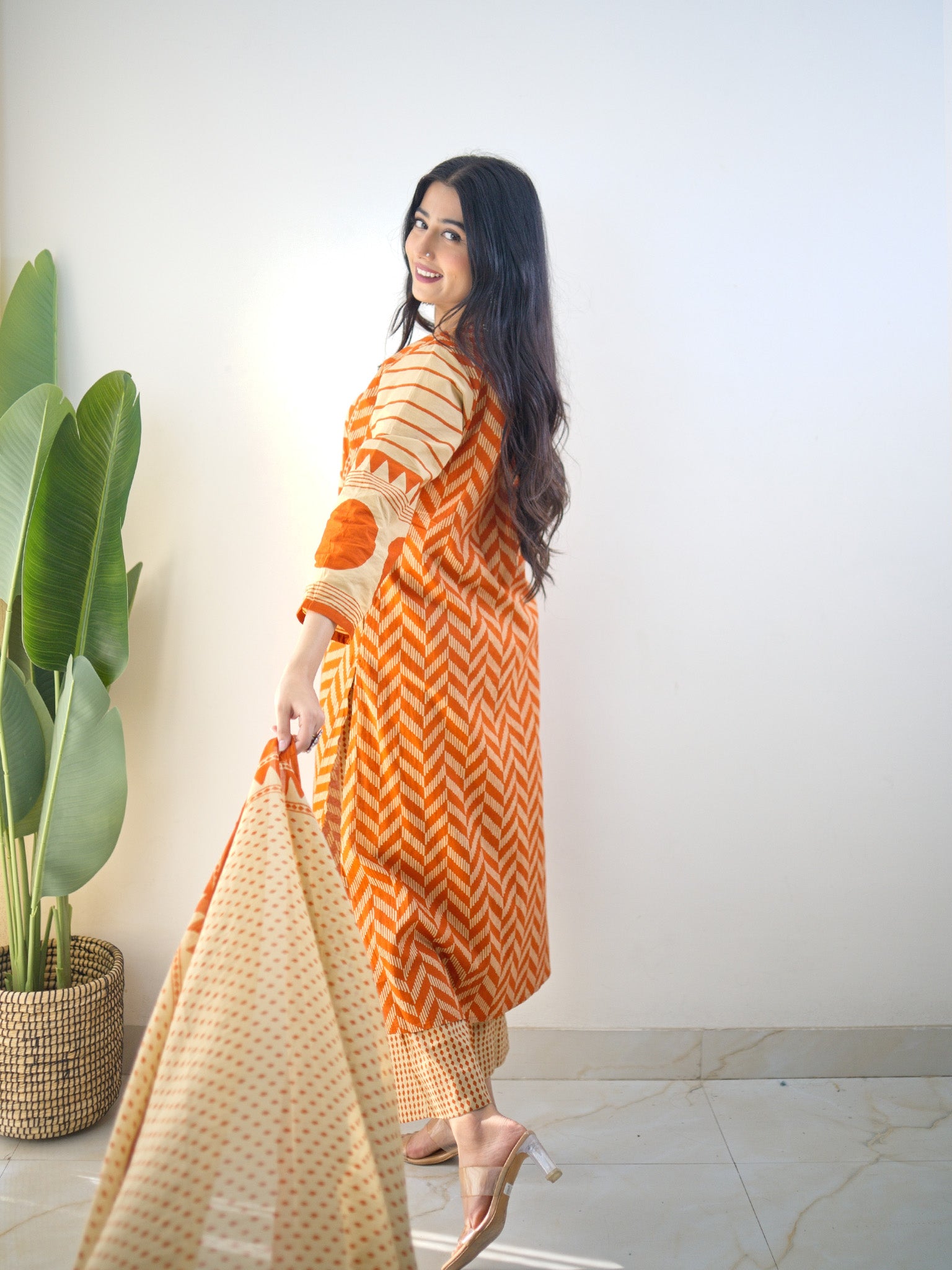 Harshi Rust Cotton Ajrakh Katha Detailed Dupatta Set