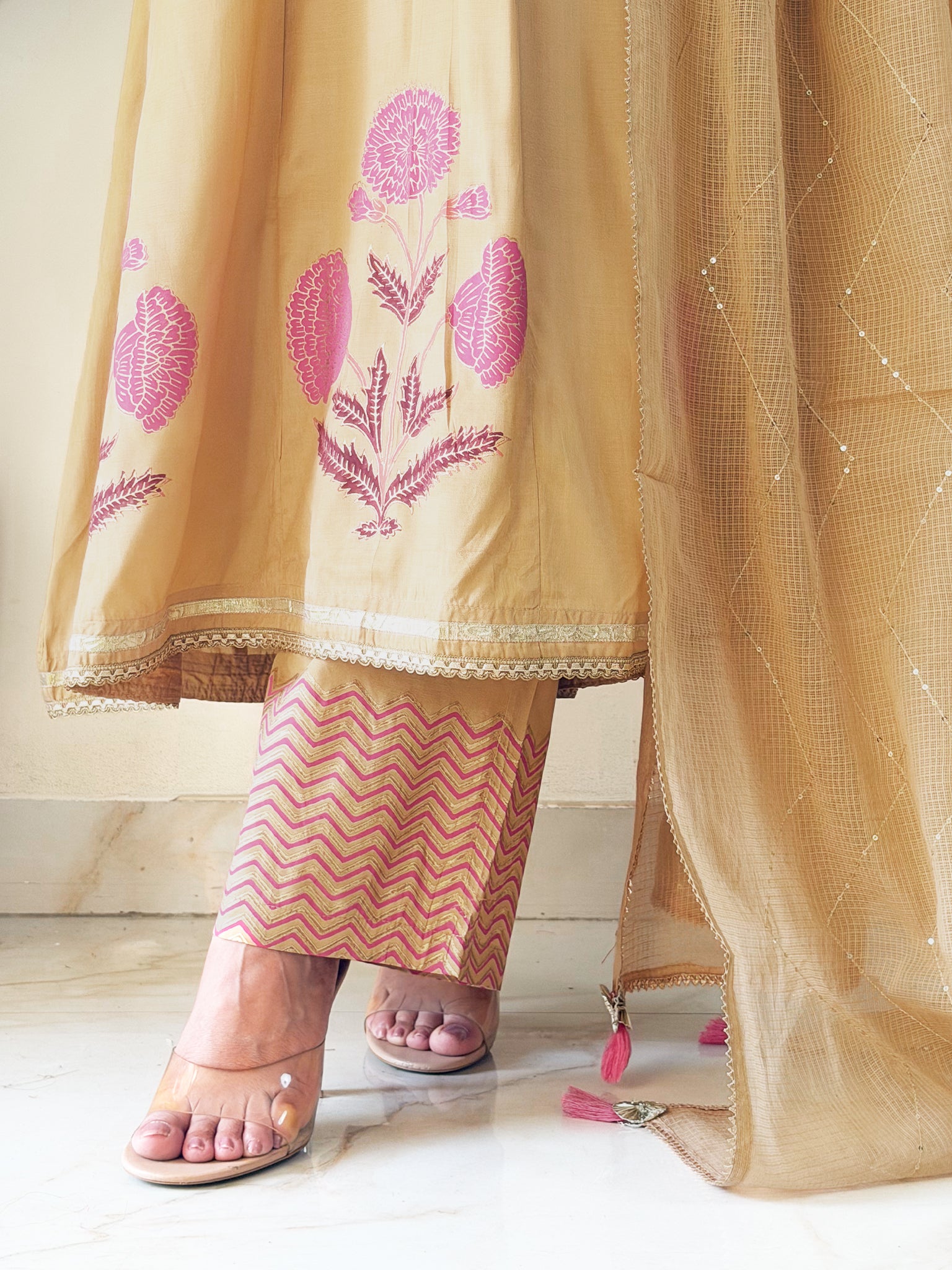 Jasmine Beige Muslin HandEmbroidered Anarkali Dupatta Set - The Jaipur Studio