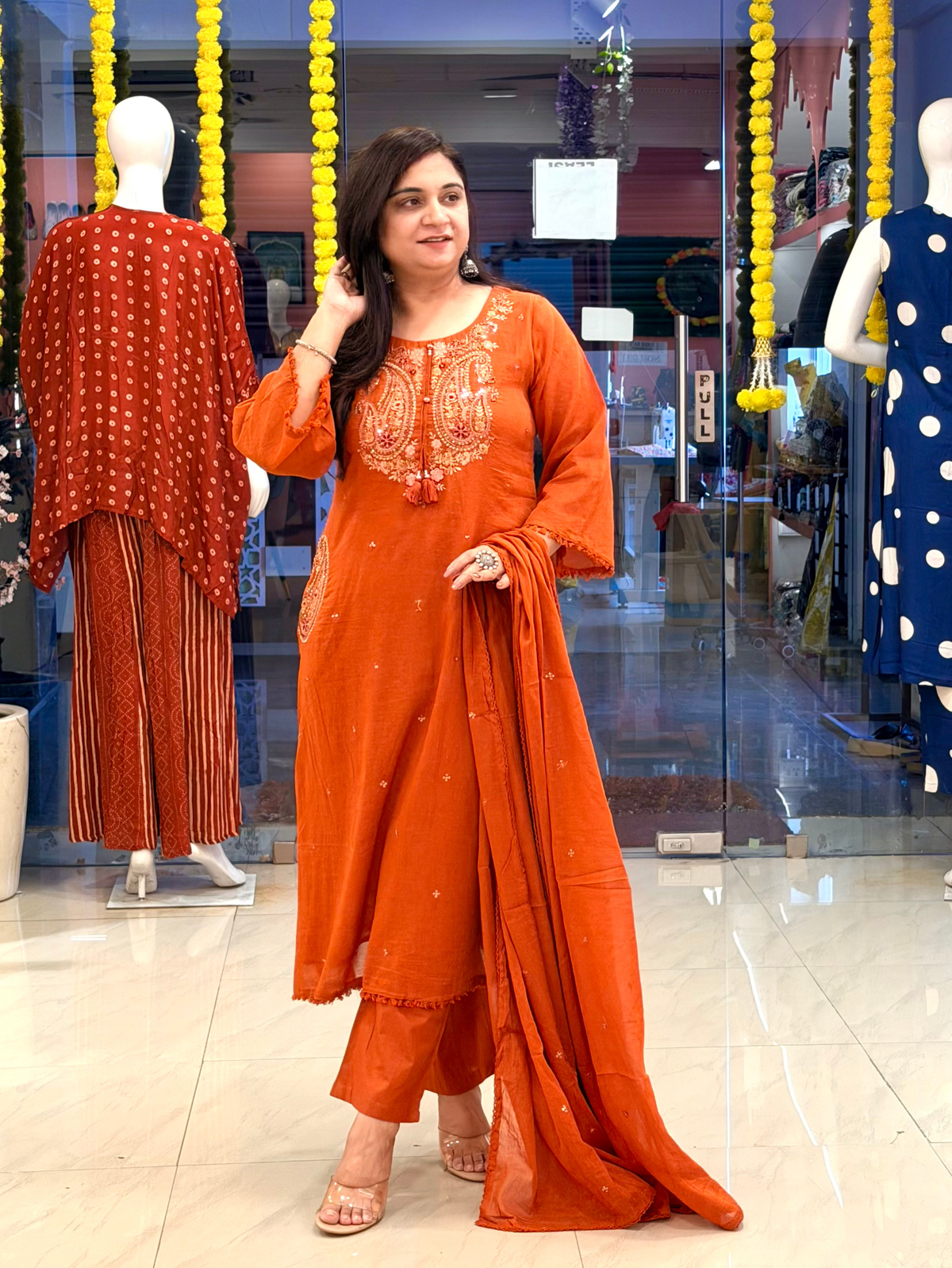Sufi Rust Mul Cotton HandEmbroidered A-line Dupatta Set