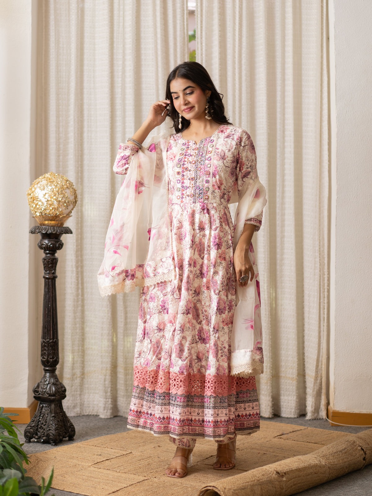 Seerat Pink Cotton Sciffili Embroidered Anarkali Set