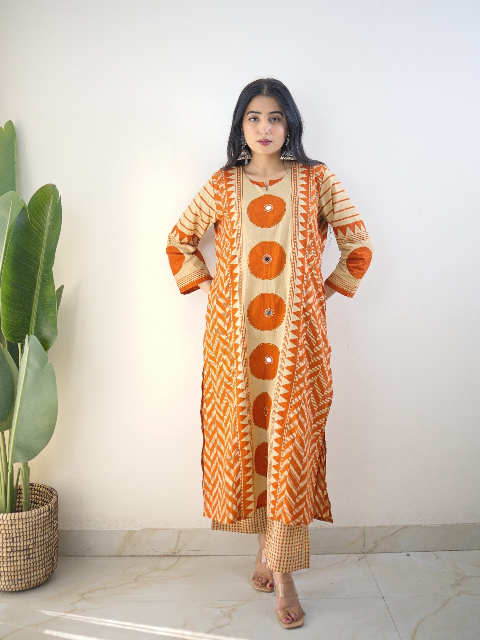 Harshi Rust Cotton Ajrakh Katha Detailed Dupatta Set