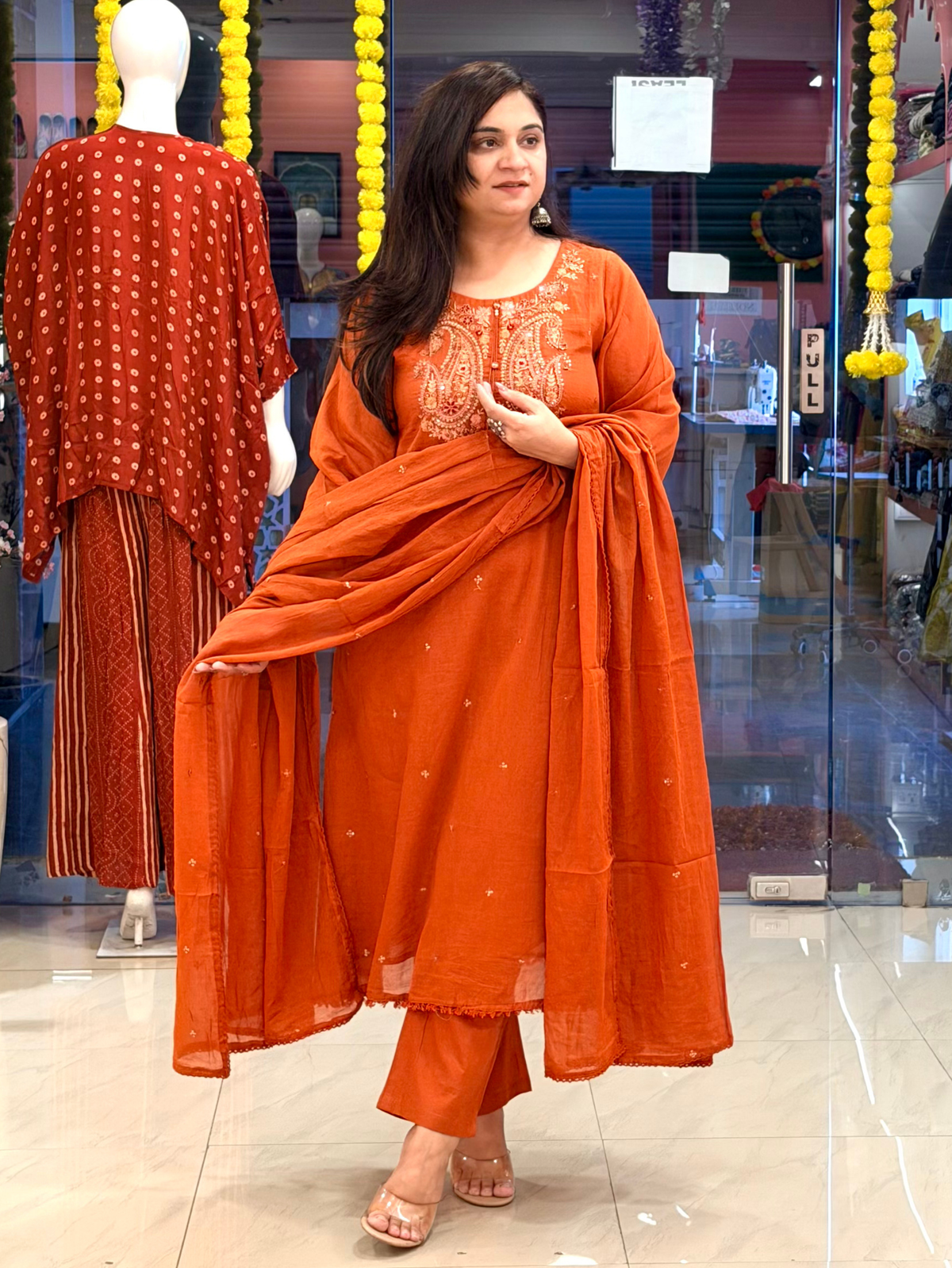 Sufi Rust Mul Cotton HandEmbroidered A-line Dupatta Set