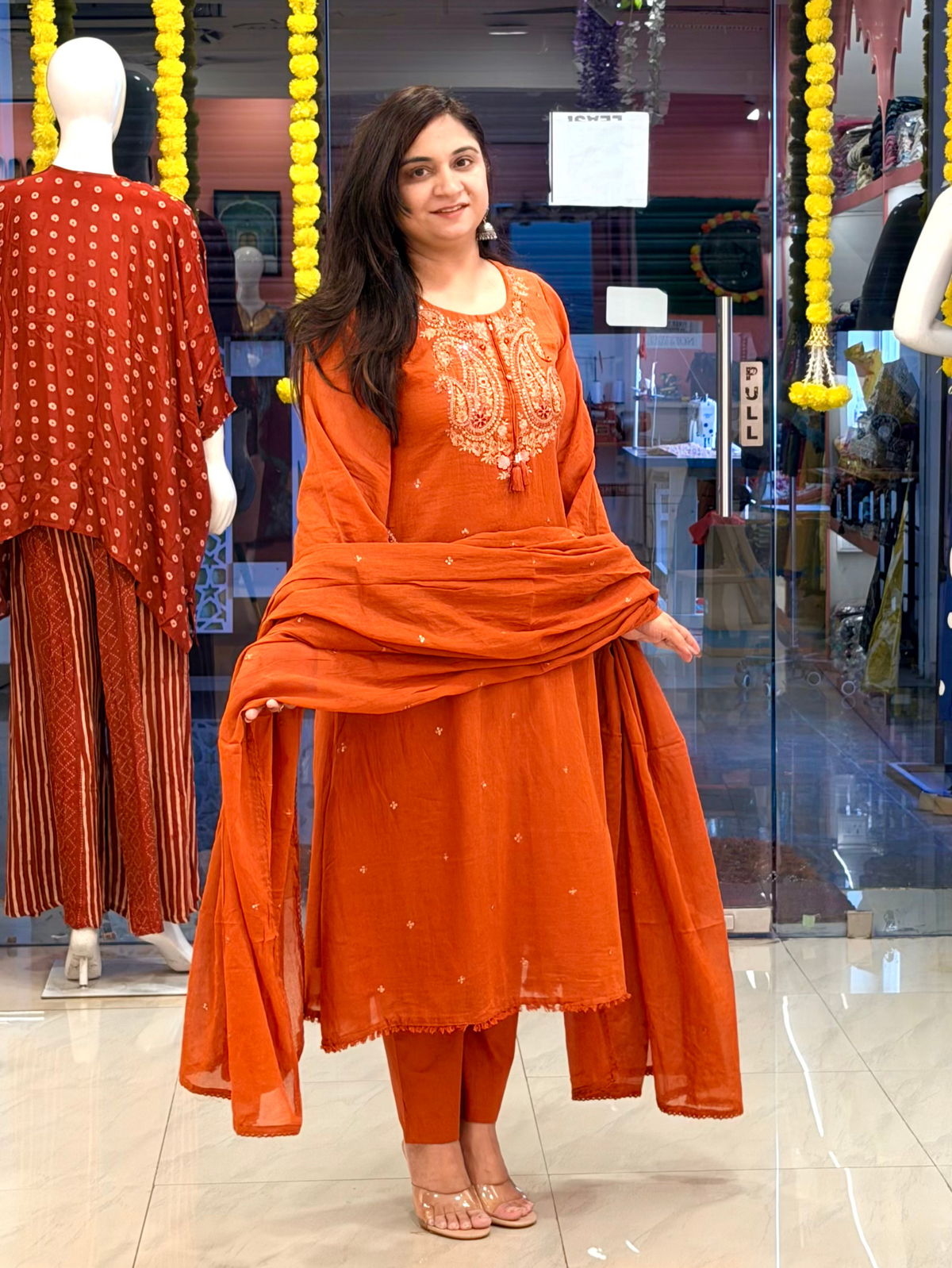 Sufi Rust Mul Cotton HandEmbroidered A-line Dupatta Set